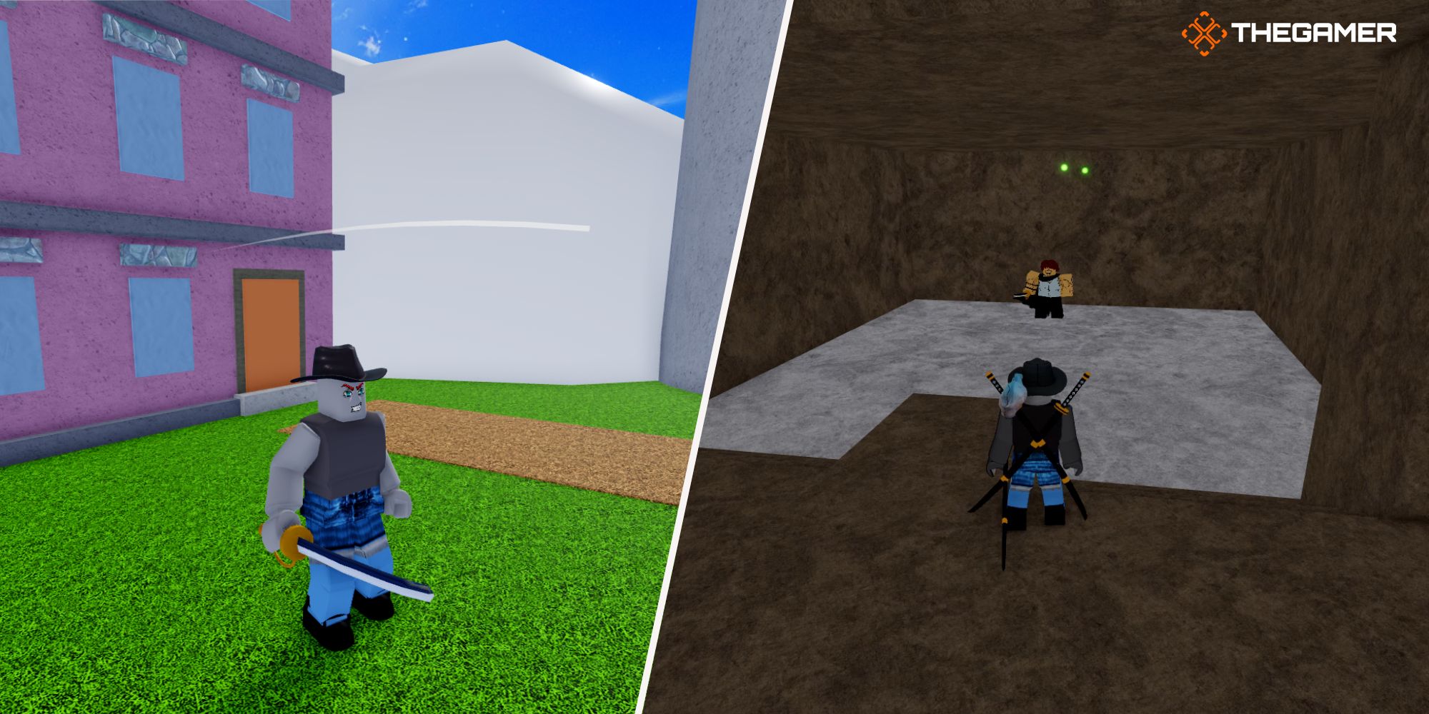 Frutas de caja Roblox.  Derecha: un personaje frente al experto en sable, Izquierda: un personaje usando sable.