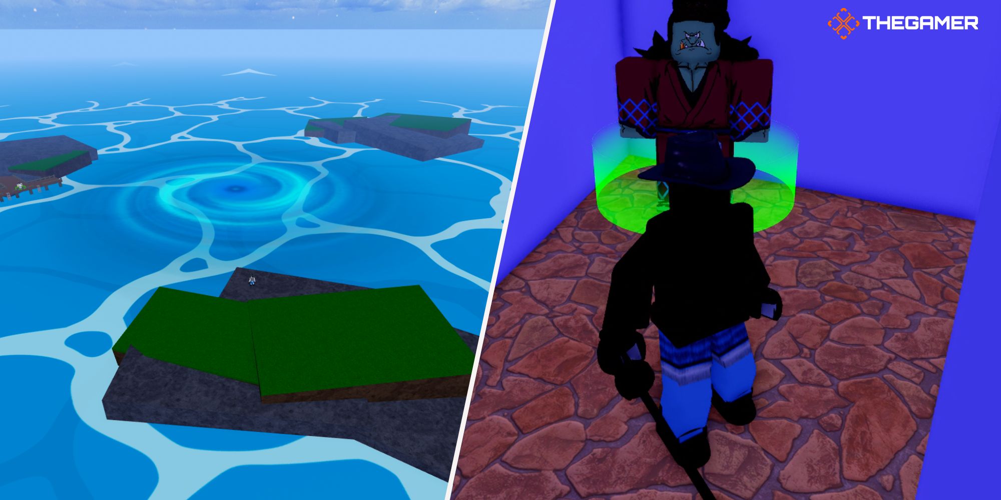 Roblox Blox Fruits, Derecha: un personaje al lado del profesor de kung fu acuático, izquierda: Whirlpool