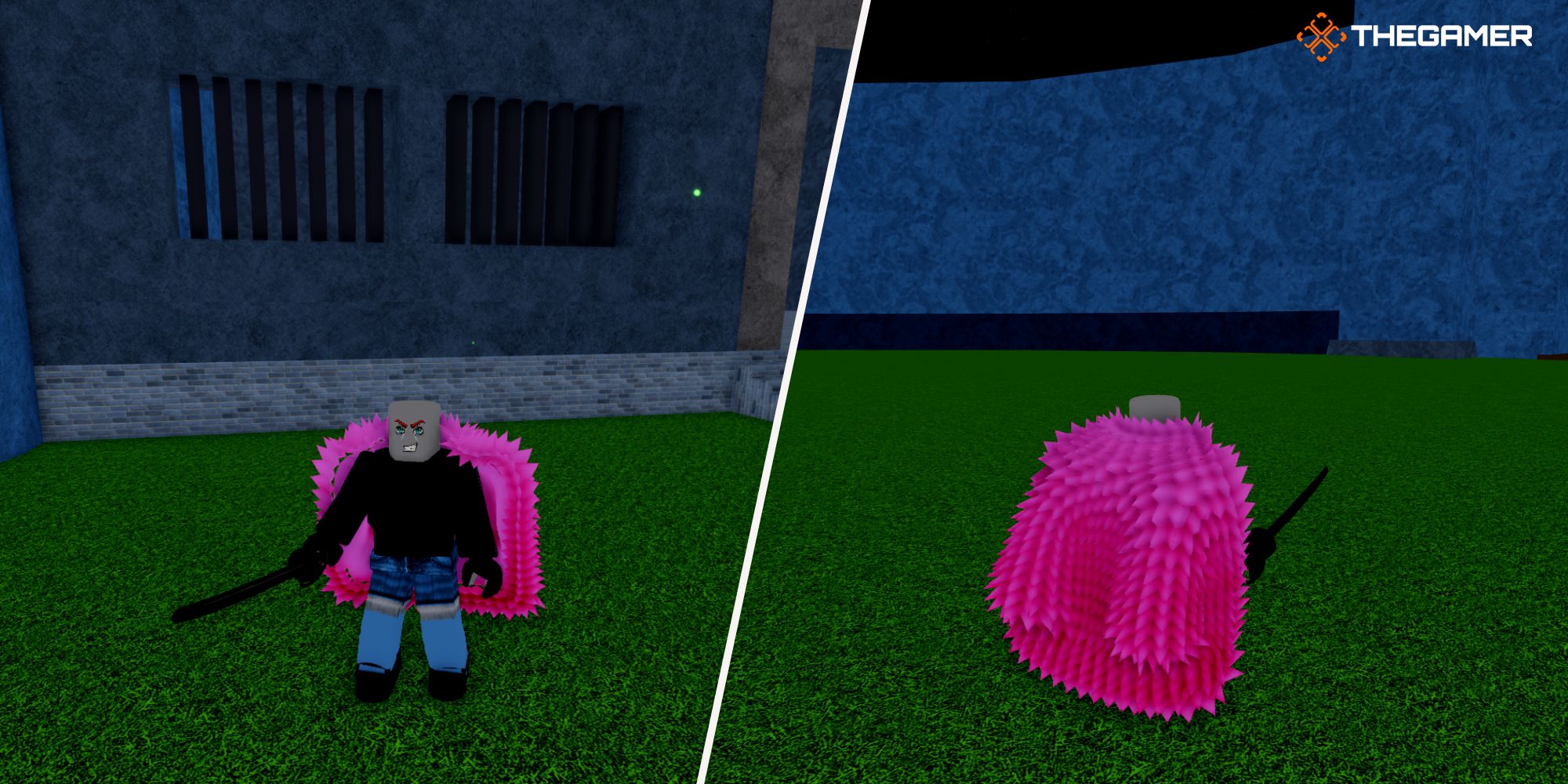 Frutas Roblox Blox. un personaje usando el accesorio abrigo rosa