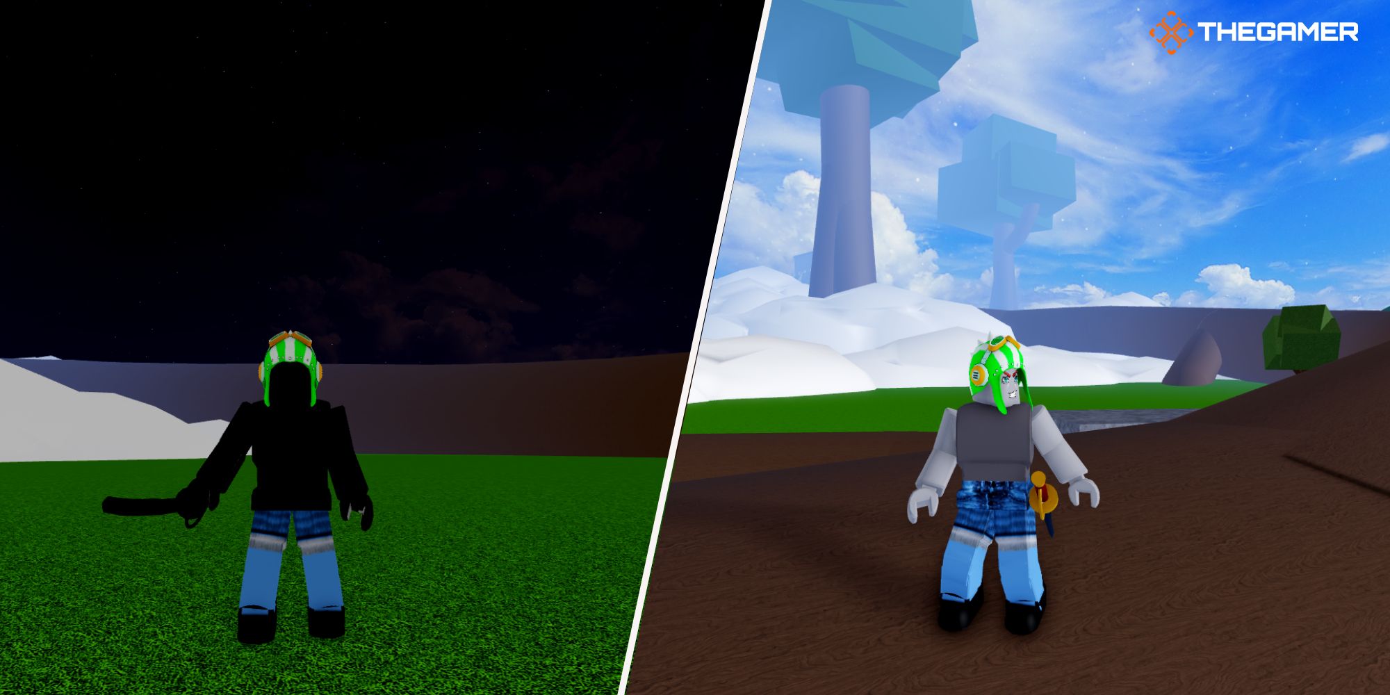 Roblox Blox Fruits, Izquierda: personaje que usa aura y sombrero de Usoap, Derecha: personaje que usa el sombrero de Usoap