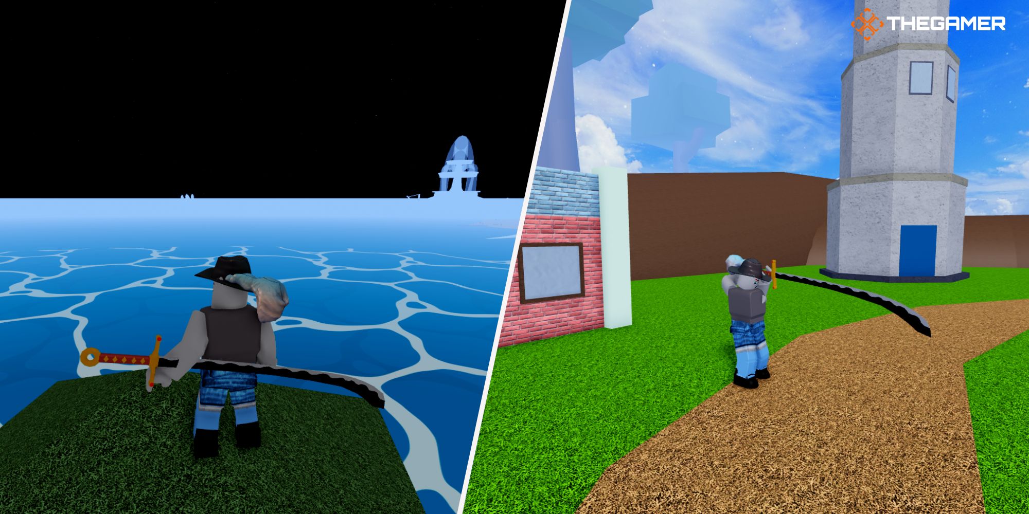 Roblox Blox Fruits, Derecha: personaje sosteniendo la espada del guardián, Izquierda: personaje frente al mar