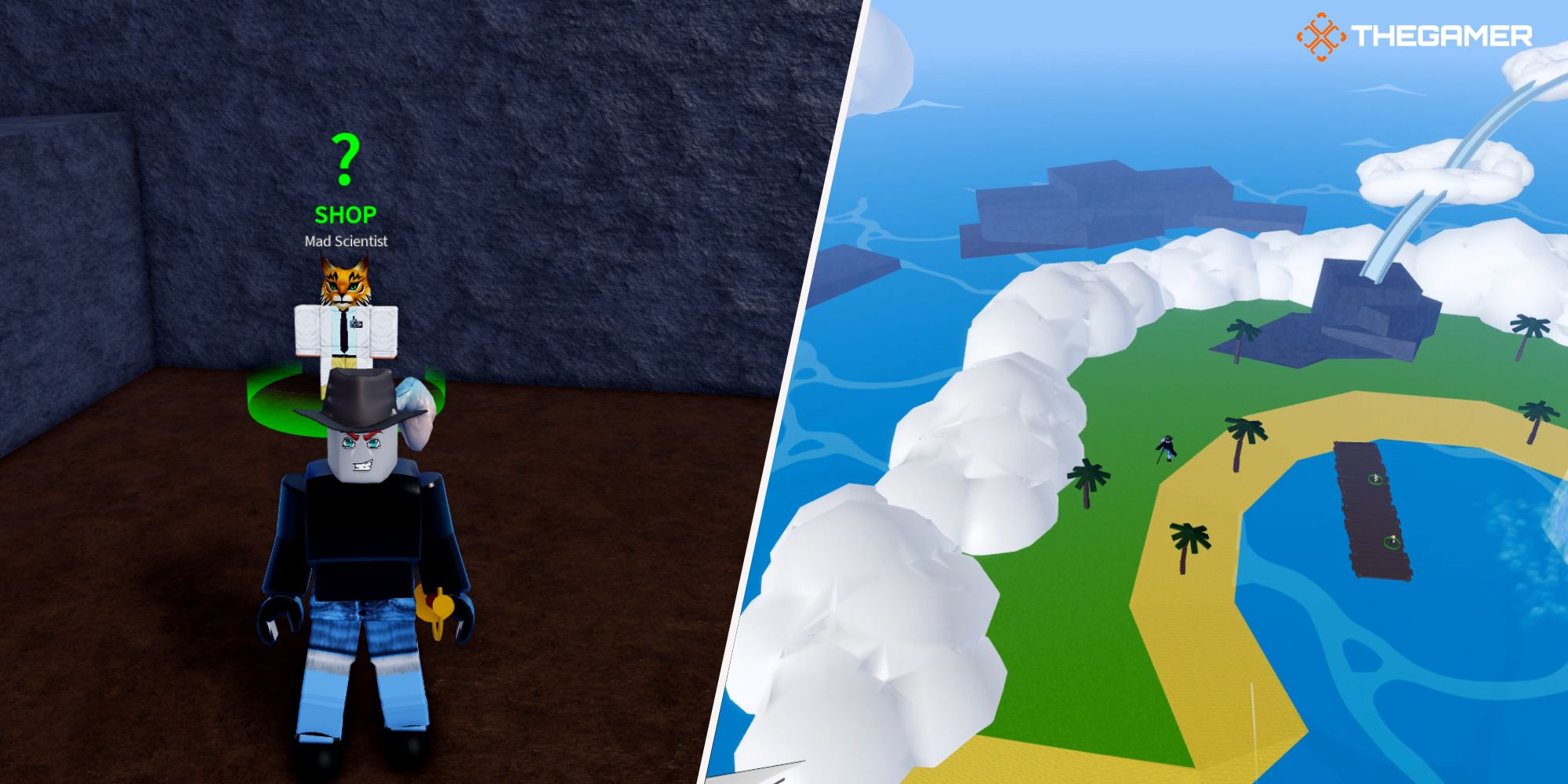 Roblox Blox Fruits, derecha: la primera isla de Skylands.  Izquierda: Científico loco detrás de un personaje.