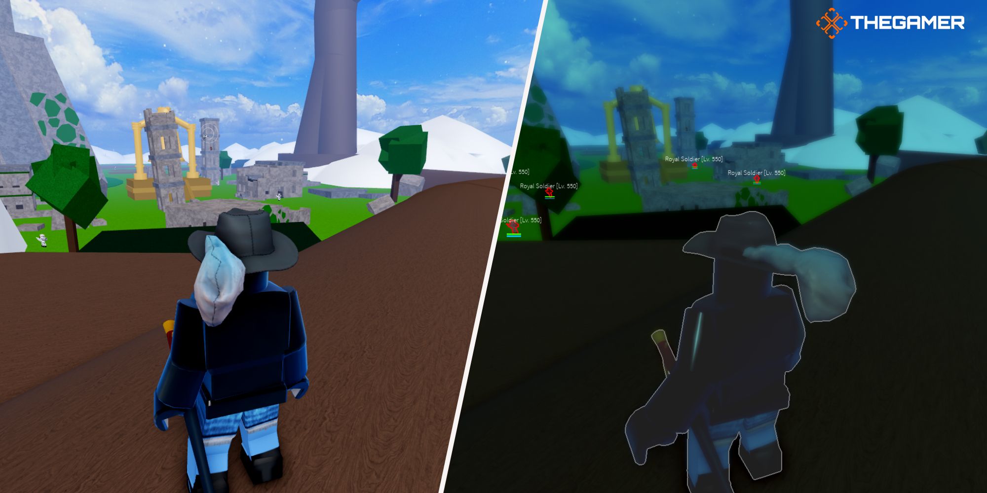 Roblox Blox Fruits, Derecha: un personaje que usa haki de observación, Izquierda: un personaje en Upper Skylands