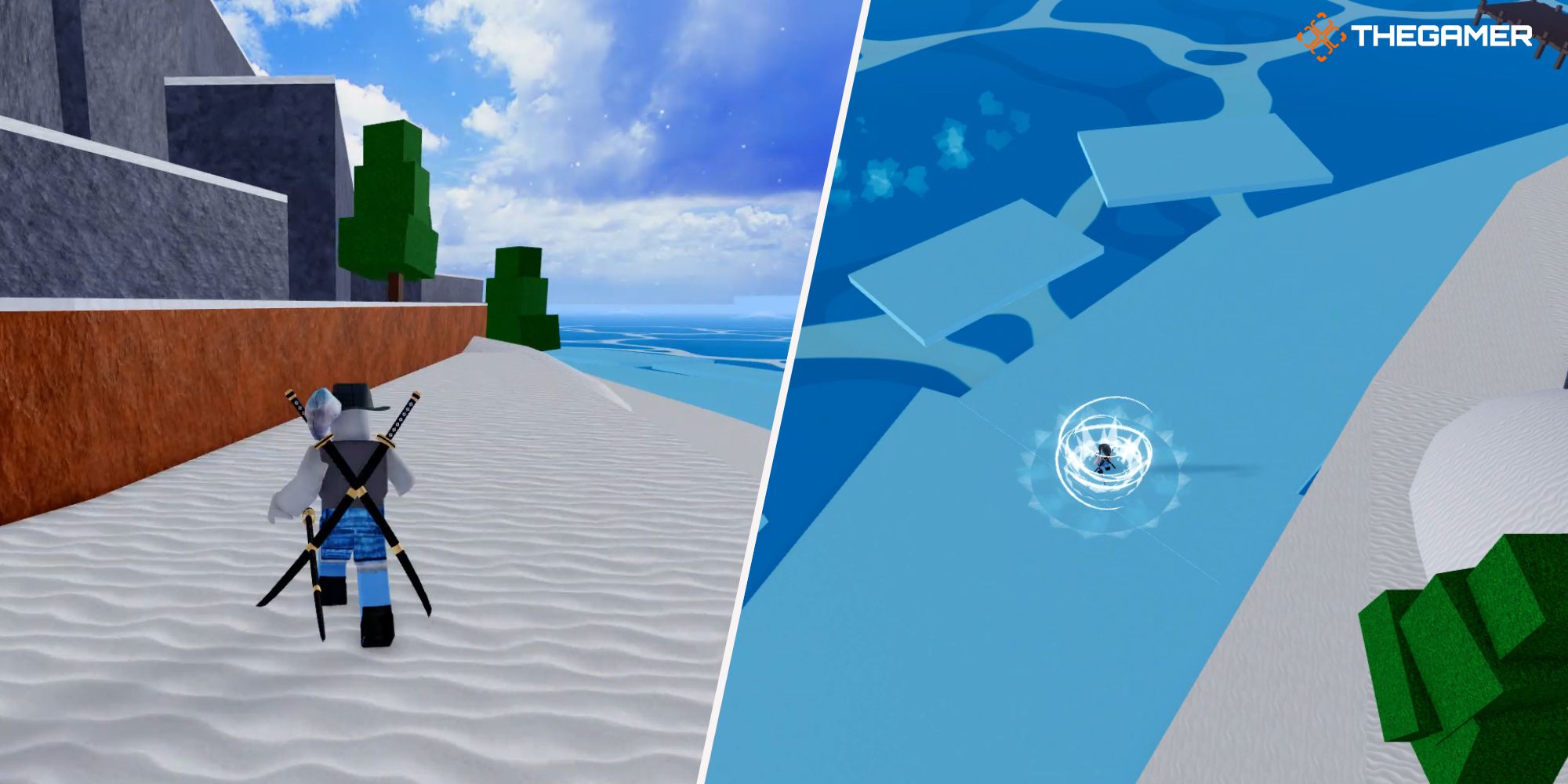   Roblox Blox Fruits, Izquierda: un personaje caminando, Derecha: un personaje que usa Flash Step
