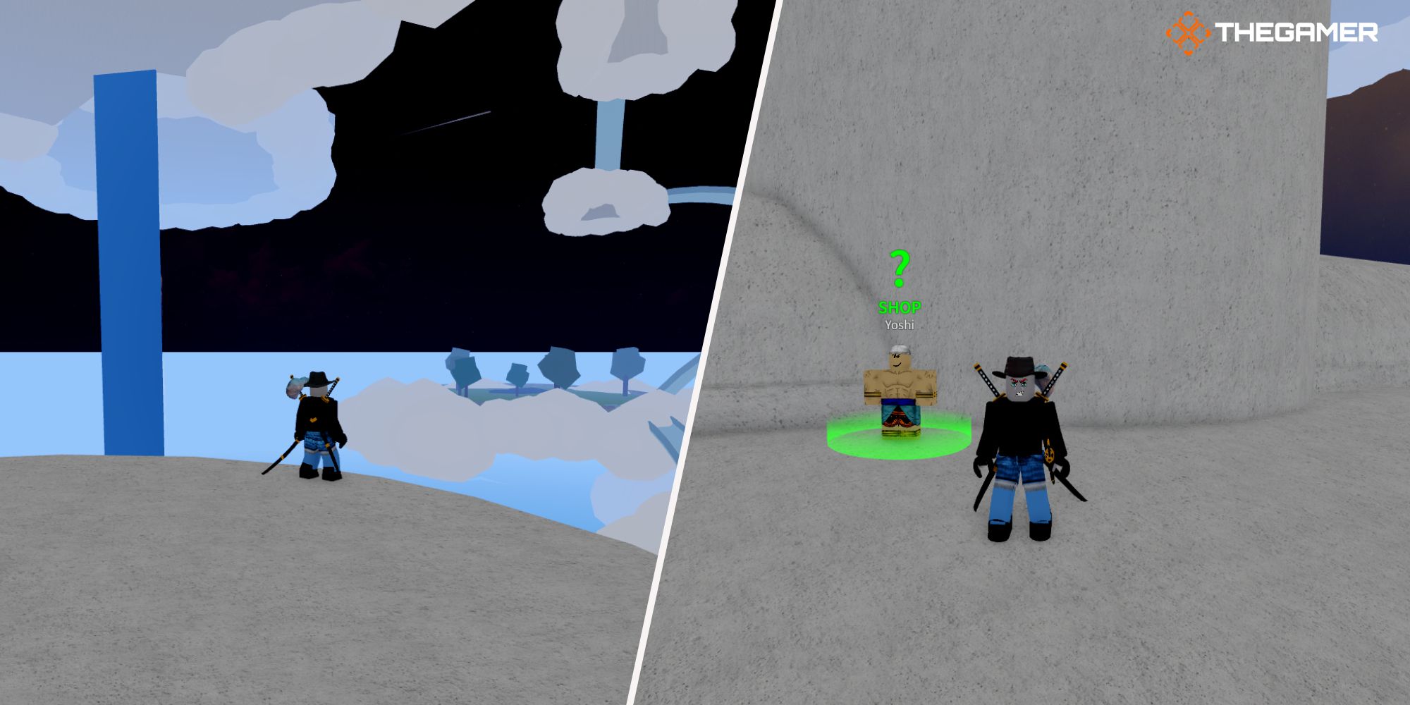 Roblox Blox Fruits, Derecha: un personaje junto a Yoshi, Izquierda: un personaje en Skylands