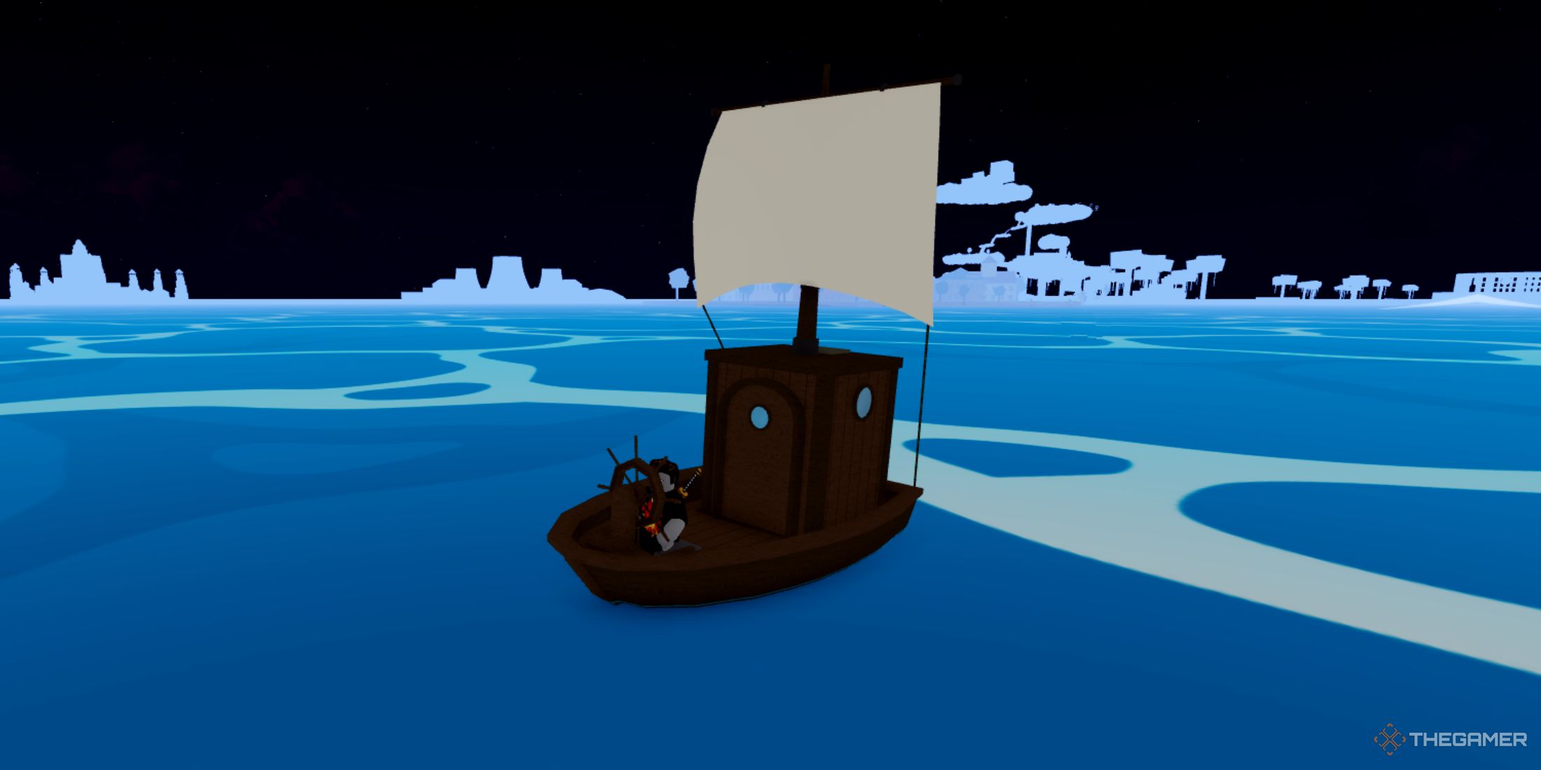 Una captura de pantalla de Roblox: Blox Fruits que muestra a un personaje jugador parado en un pequeño barco en el océano azul, con un cielo nocturno estrellado en lo alto.