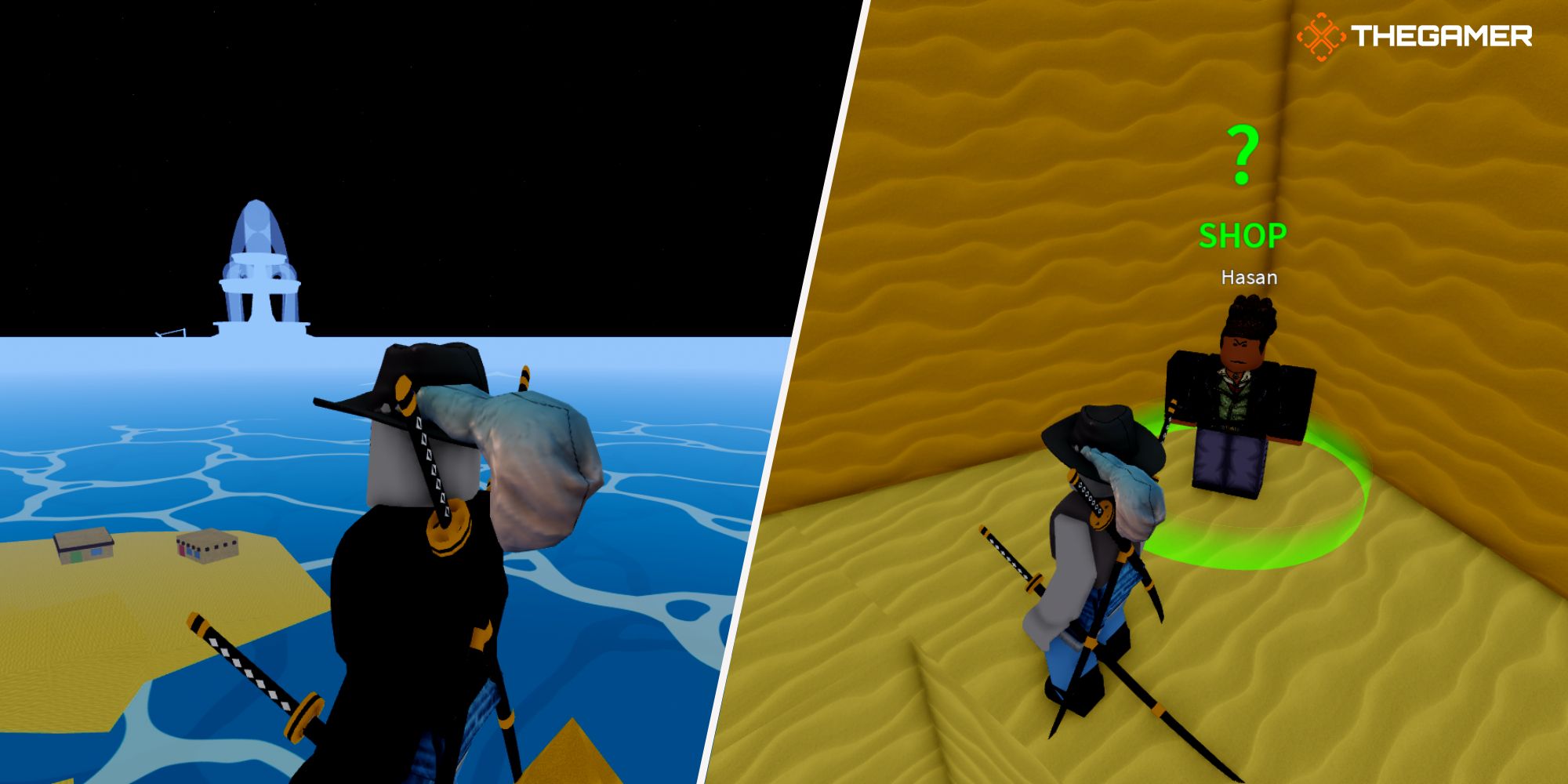 Roblox Blox Fruits, Derecha: un personaje junto a Hasan, Izquierda: un personaje junto al mar