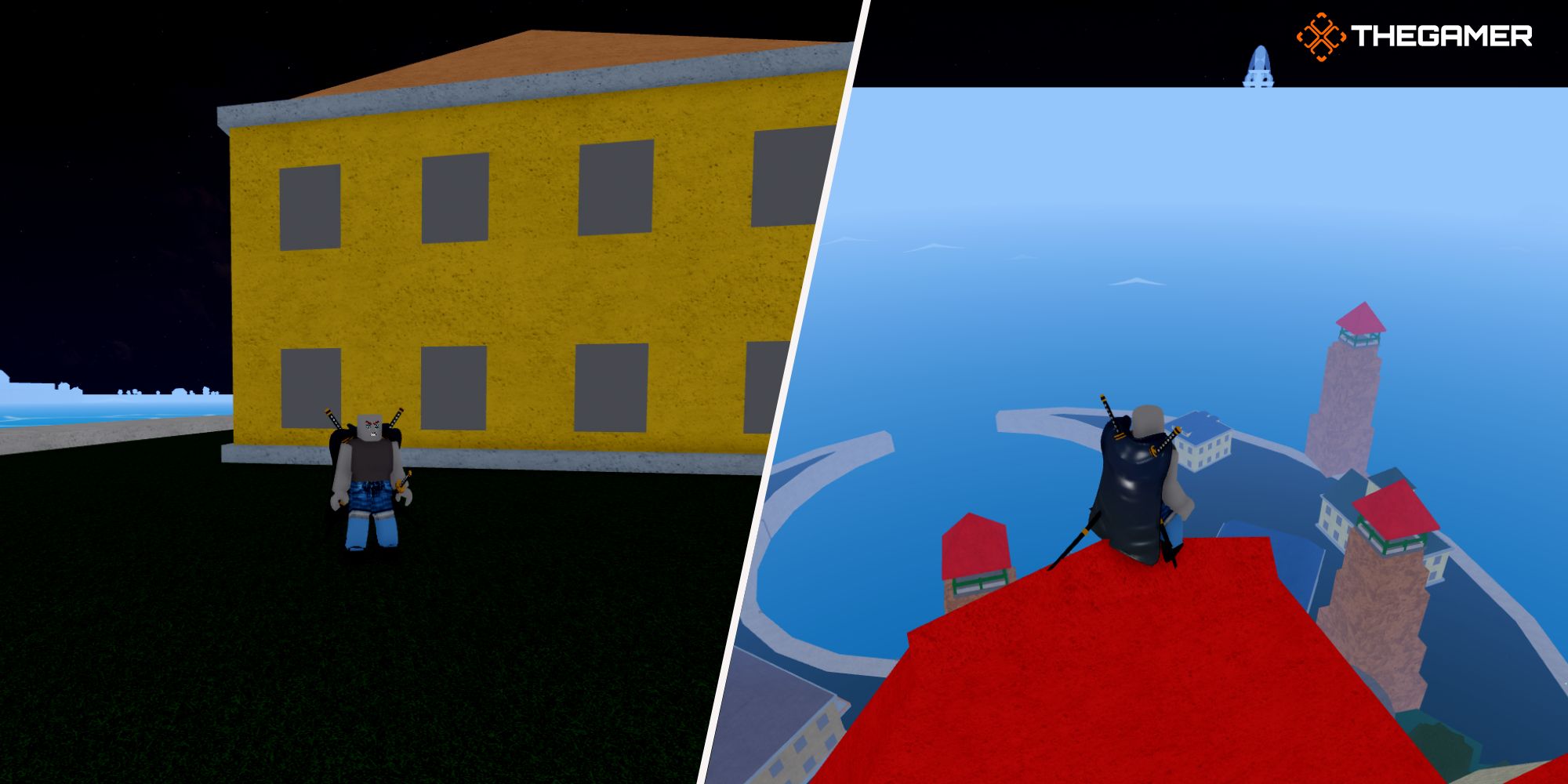 Roblox Blox Fruits, derecha: personaje en la cima de una fortaleza marina, izquierda: un personaje al lado de una casa