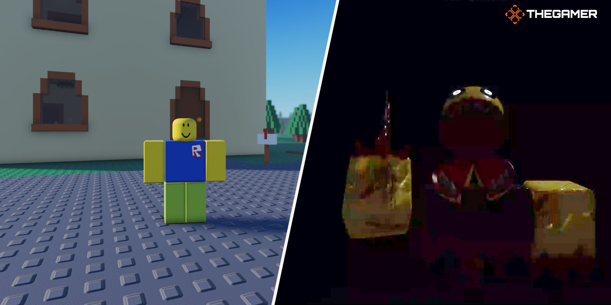 Masacre en Roblox Residence - noche 1, Derecha: el monstruo atacando, Izquierda: el personaje