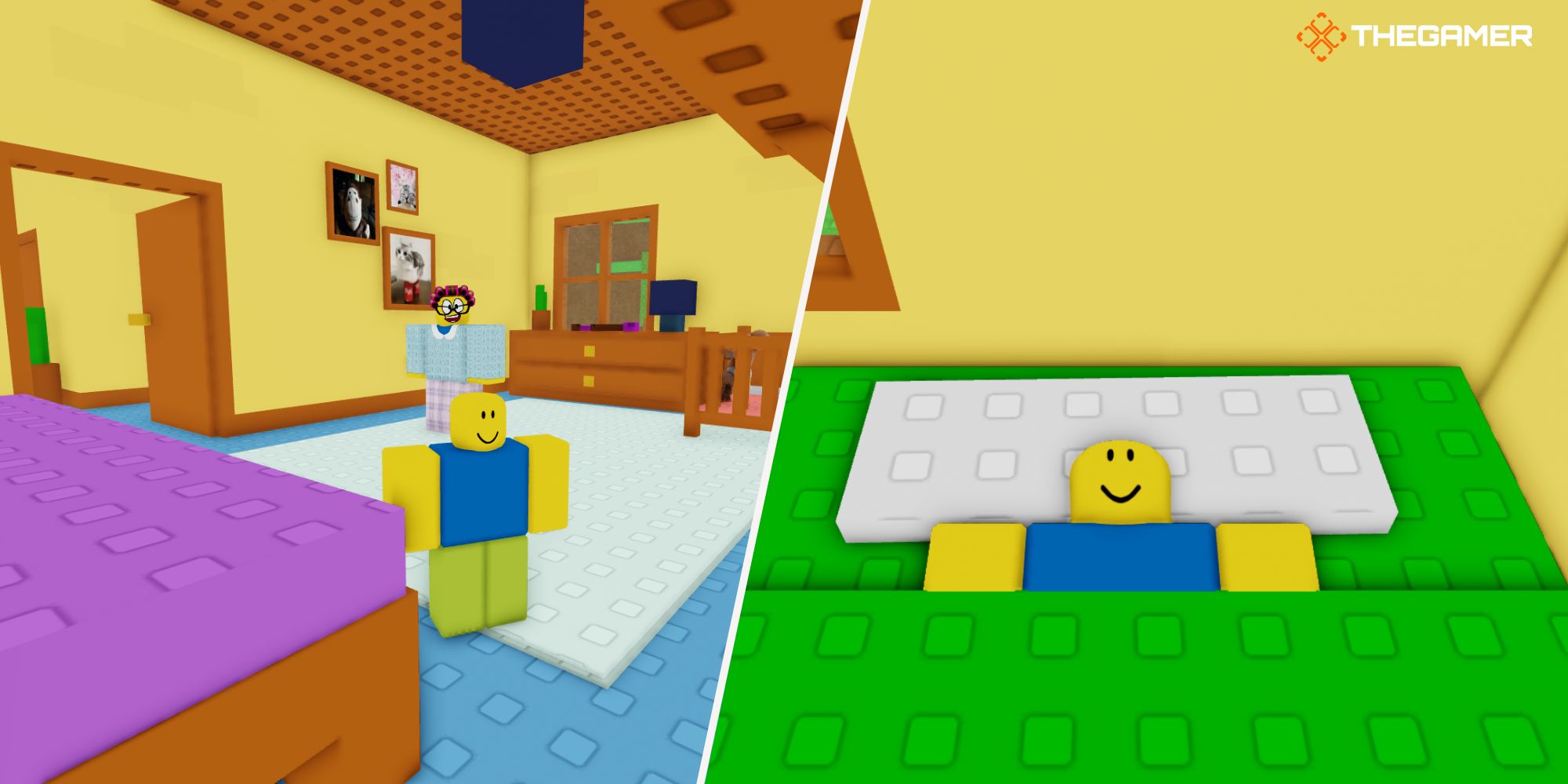 Roblox Need More Chaos, Derecha: el niño en su cama, Izquierda: el Niño con su abuela