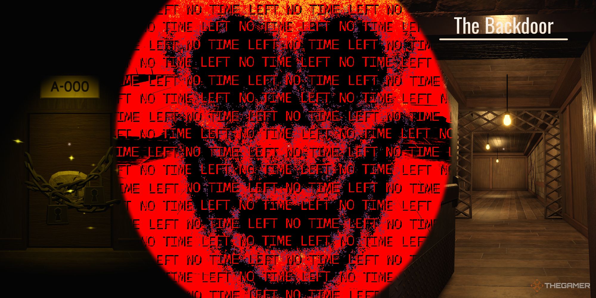 La pantalla de muerte de la entidad Haste al frente, con la puerta de The Rooms a la izquierda y el lobby de The Backdoor a la derecha en Doors Roblox.
