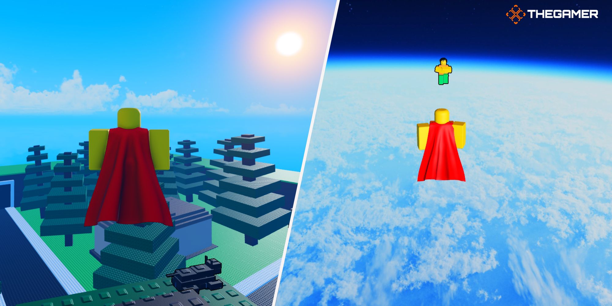 Roblox Un desayuno de superhéroe, Derecha: el héroe y su padre frente a él, Izquierda: El héroe está volando