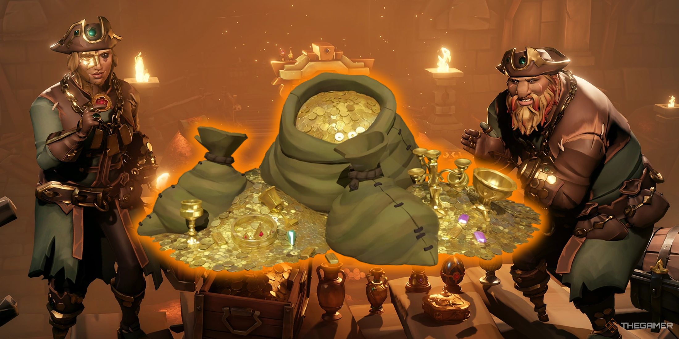 Piratas de Sea of ​​Thieves dentro de un barco con una ilustración dorada entre ellos. 