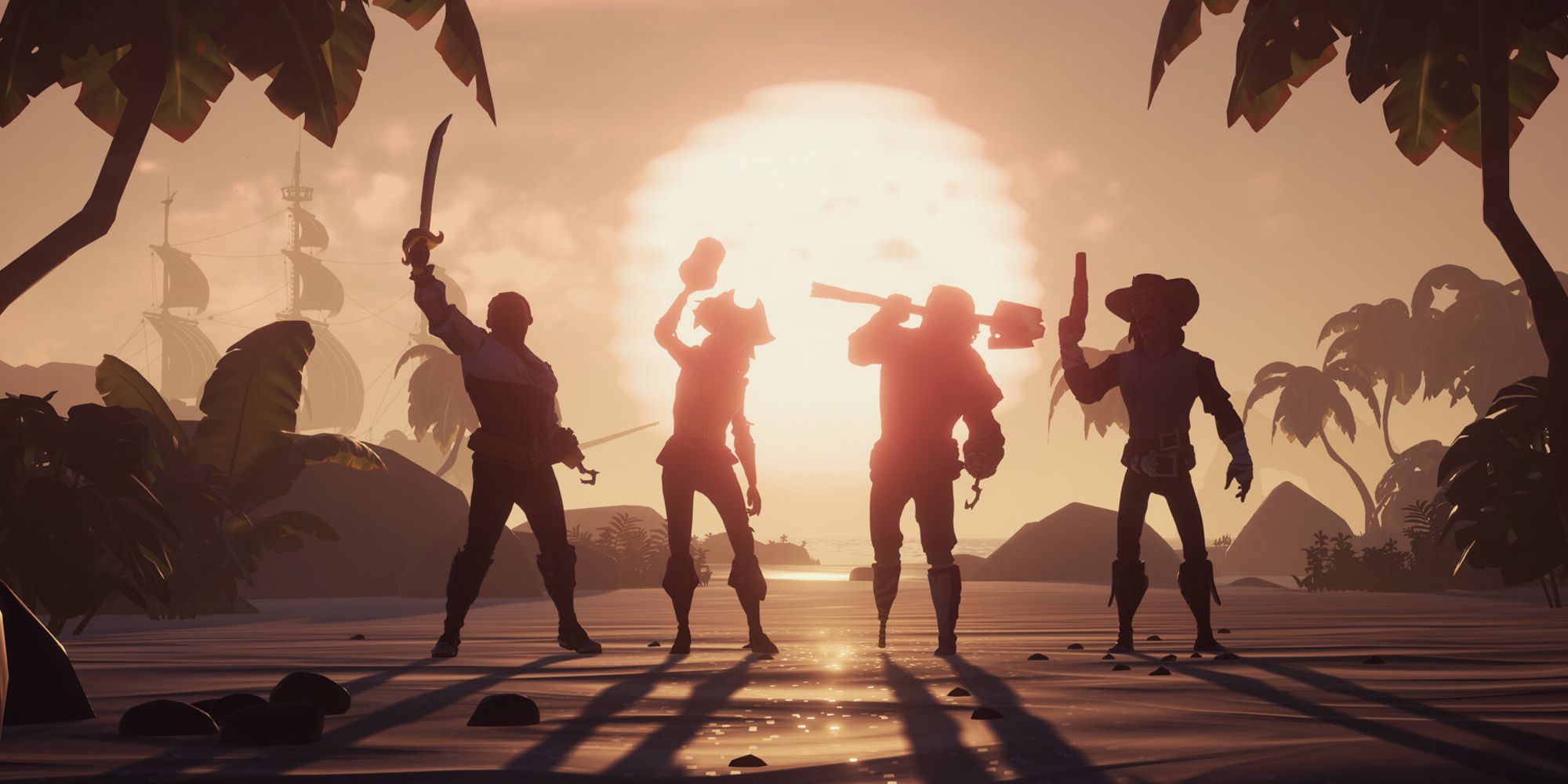 La silueta de cuatro piratas mientras levantan sus espadas y jarras de grog en el aire mientras se pone el sol en Sea of ​​Thieves.