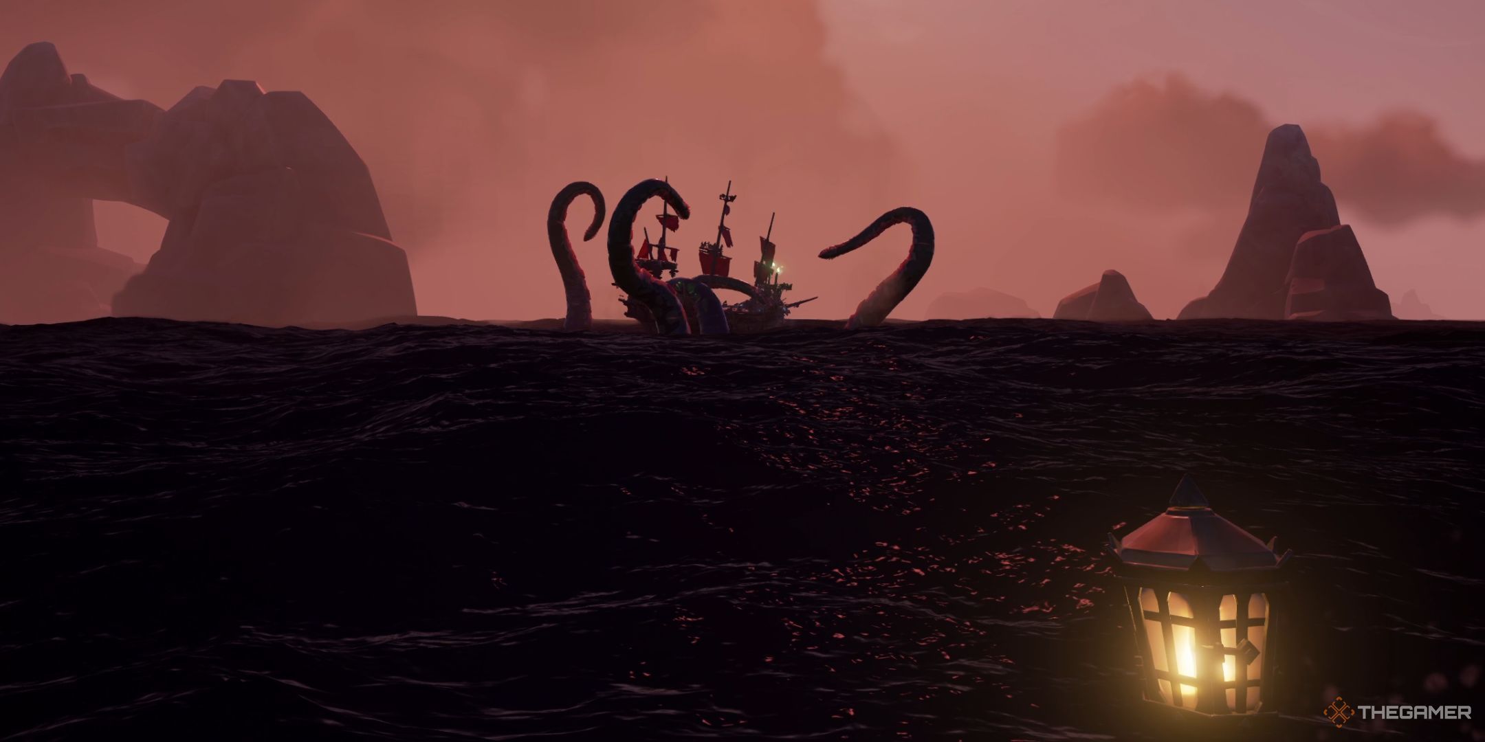 Sea Of Thieves Kraken consumiendo un barco esqueleto en su viaje inaugural