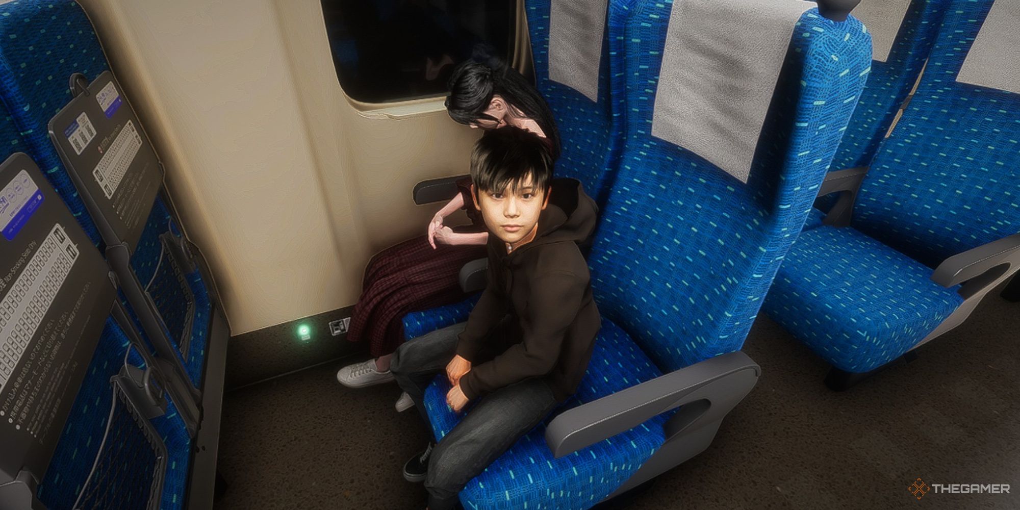 Un niño hablando con el jugador en un tren.
