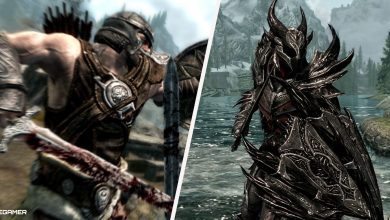 Skyrim - two sword and shield warriors, one in combat and one standing next to a lake