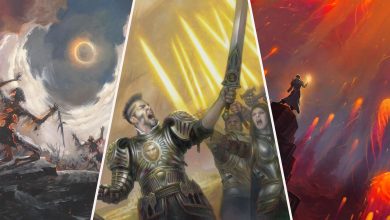 From left to right: Damn by Lucas Graciano, Stirring Address by Volkan Baǵa, and Mizzium's Mortars by Noah Bradley