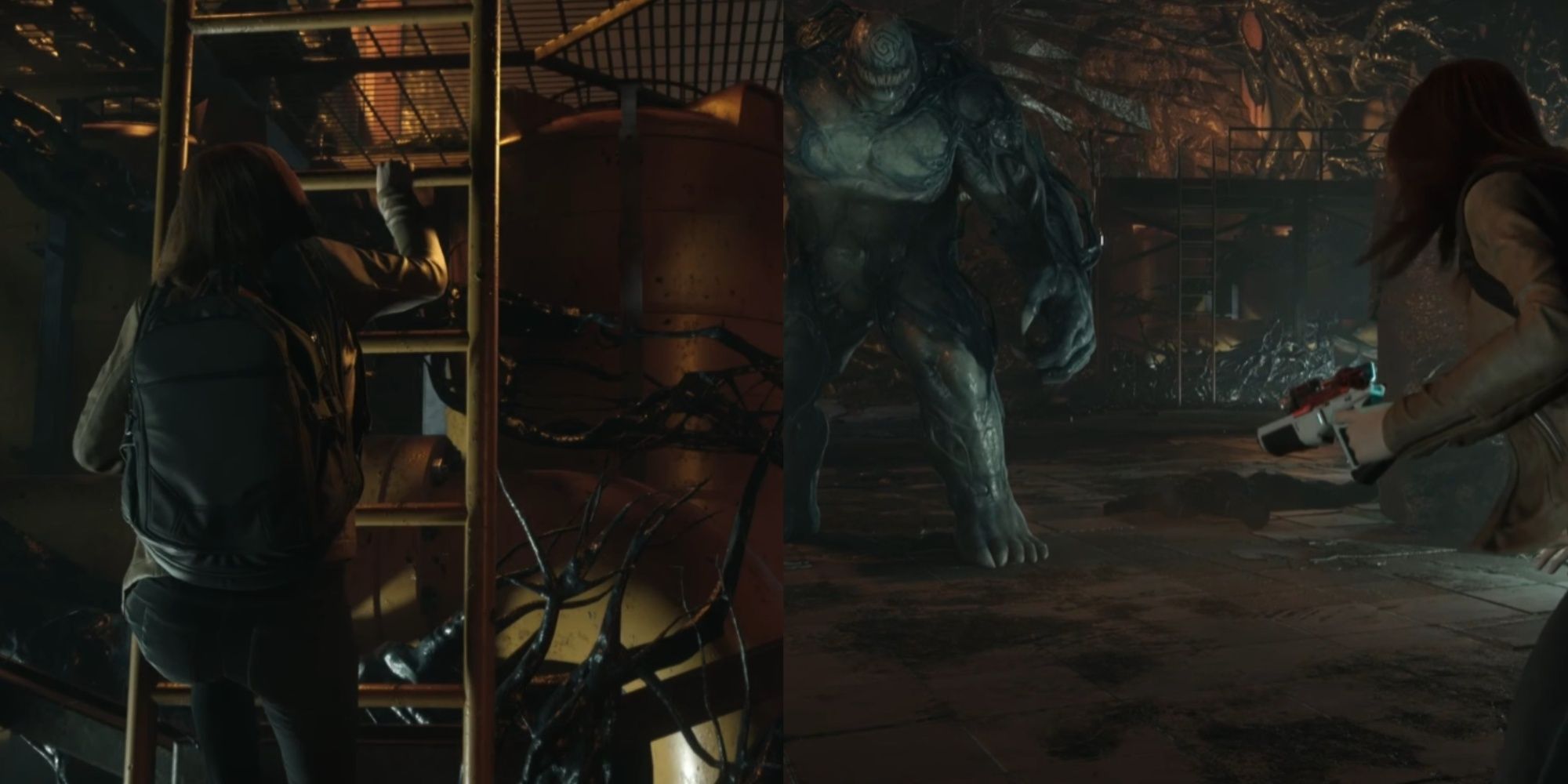 Mary Jane Watson subiendo una escalera a la izquierda y luchando contra Symbiote Behemoth a la derecha.