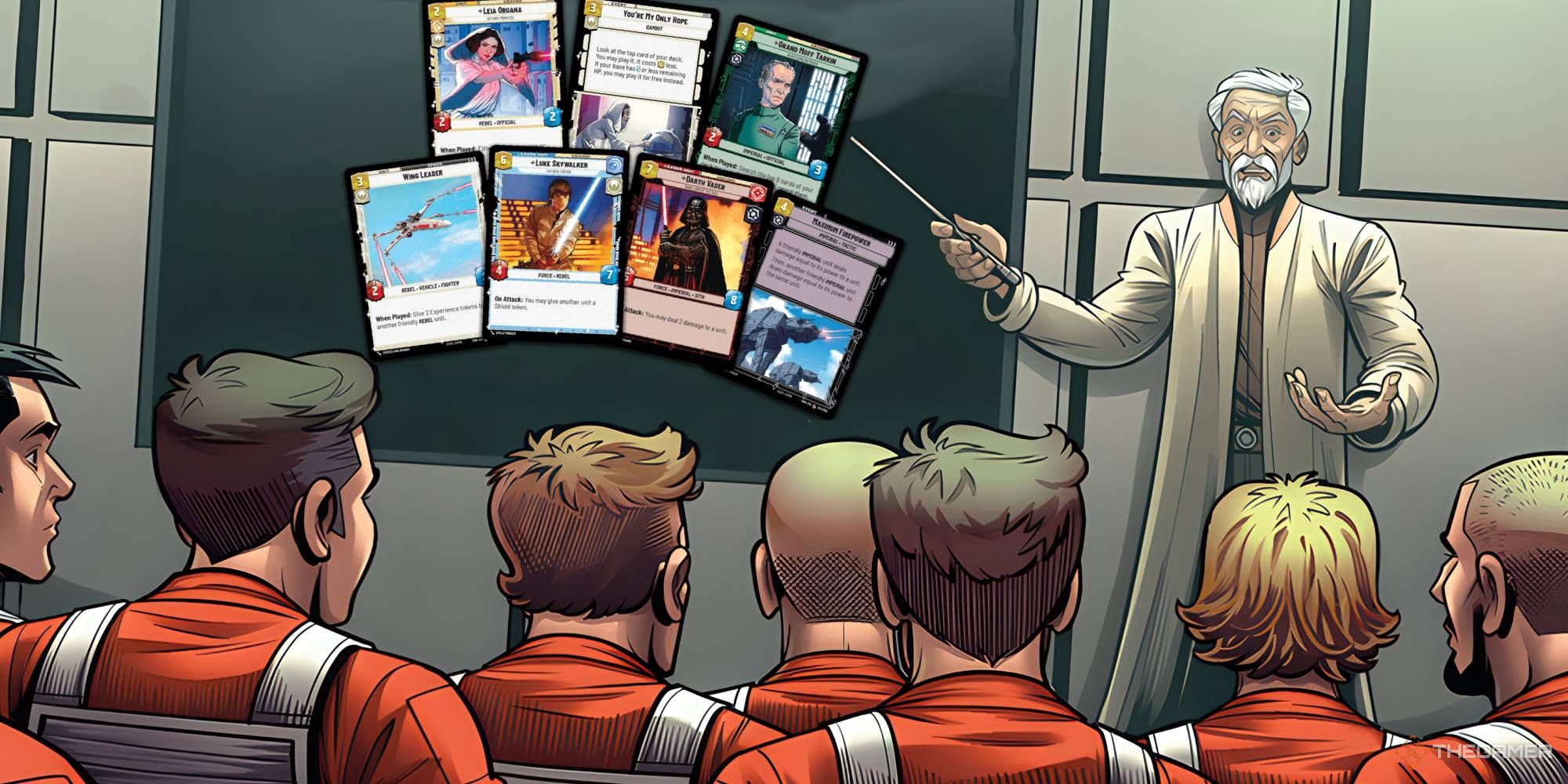 Un líder rebelde enseñando a un grupo de pilotos sobre Star Wars: Unlimited TCG