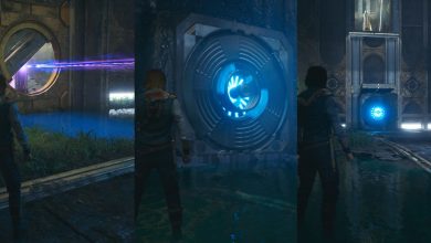 Cal in front of a beam and using the force on a block in the Chamber of Detachment in Jedi Survivor