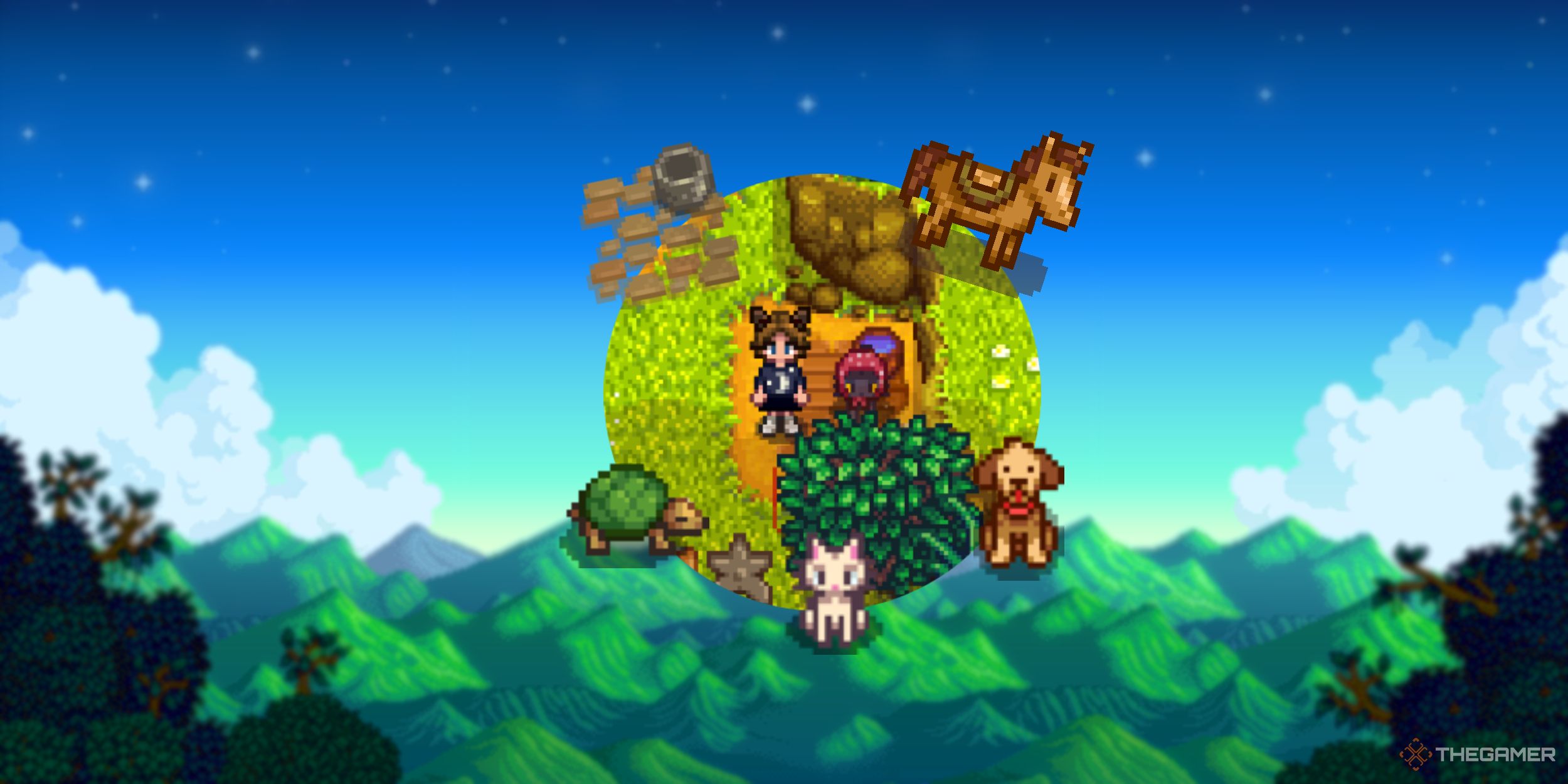 Una imagen de Stardew Valley que muestra todas las posibles mascotas que puedes conseguir en el juego y un cuenco para mascotas necesario para alimentarlas.