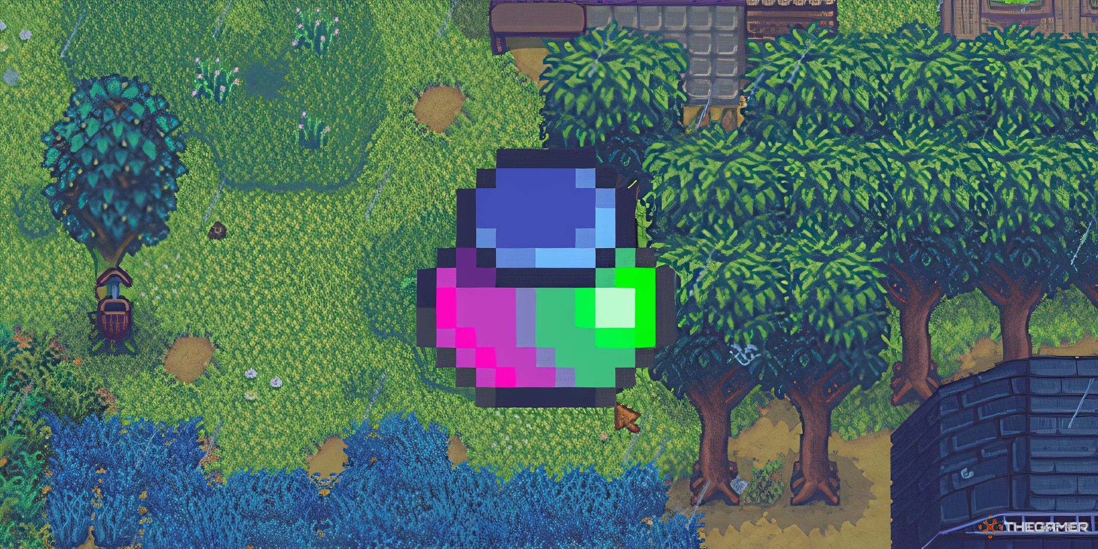 Imagen borrosa de Stardew Valley de árboles de madera con png de caramelo mágico