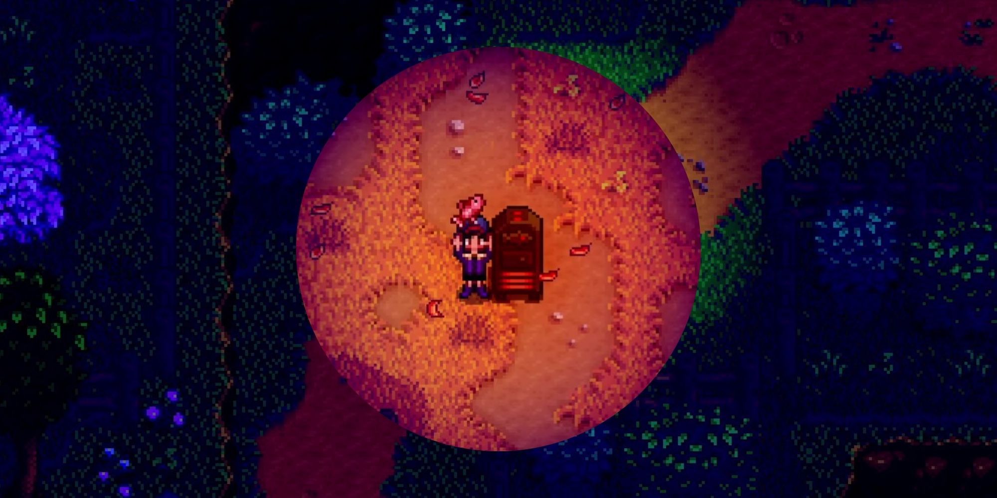 un granjero sosteniendo un pescado junto a un ahumador de pescado en Stardew Valley.