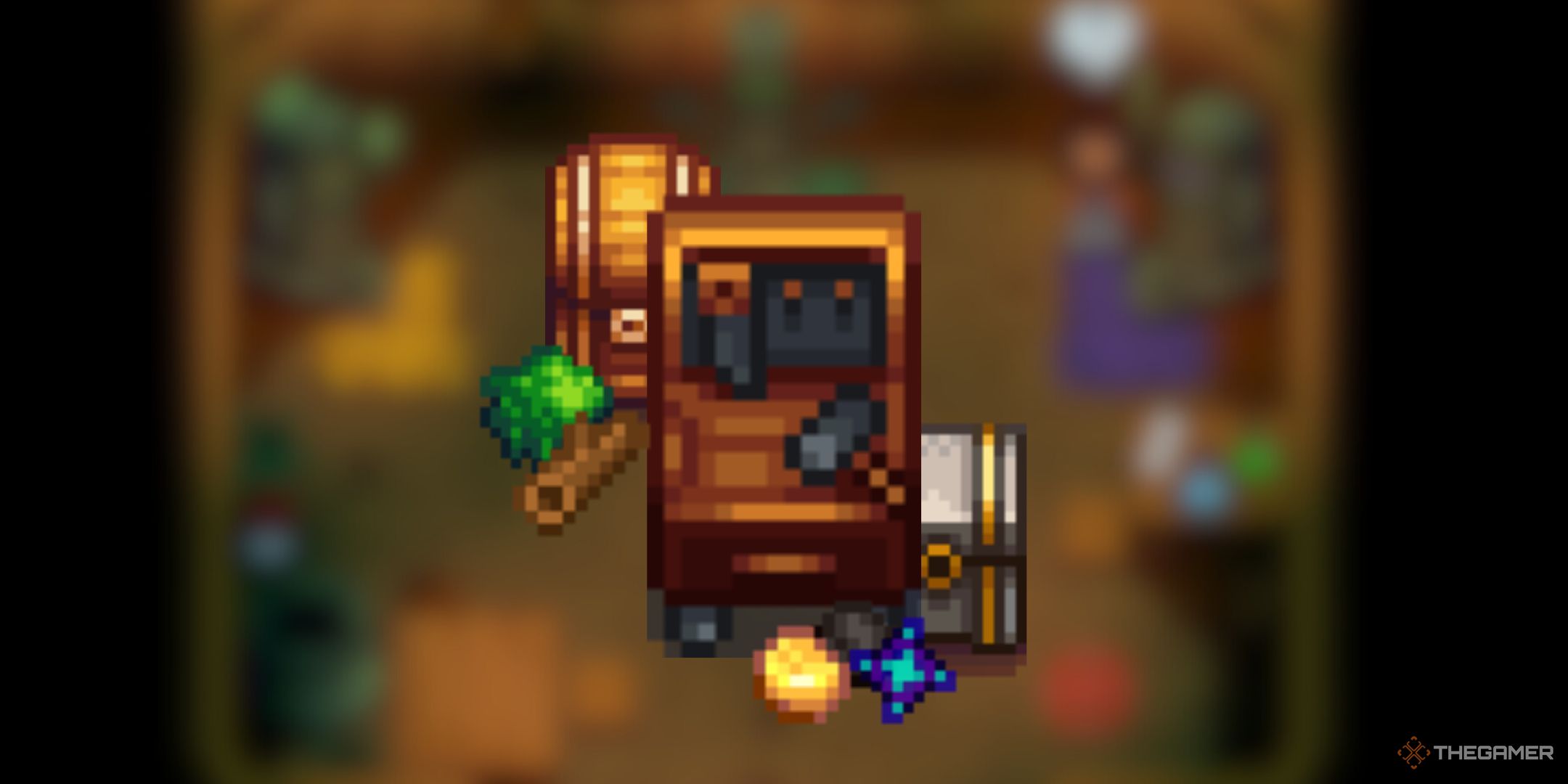 Banco de trabajo de Stardew Valley con un cofre grande, un cofre de piedra y los recursos que lo rodean.