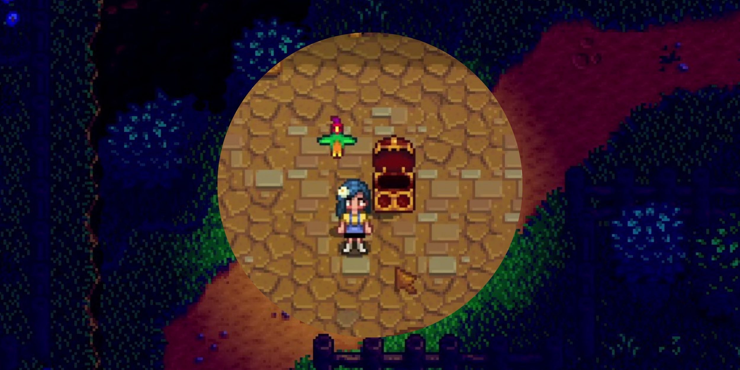 Un jugador con un loro de una baratija de huevo de loro en Stardew Valley.