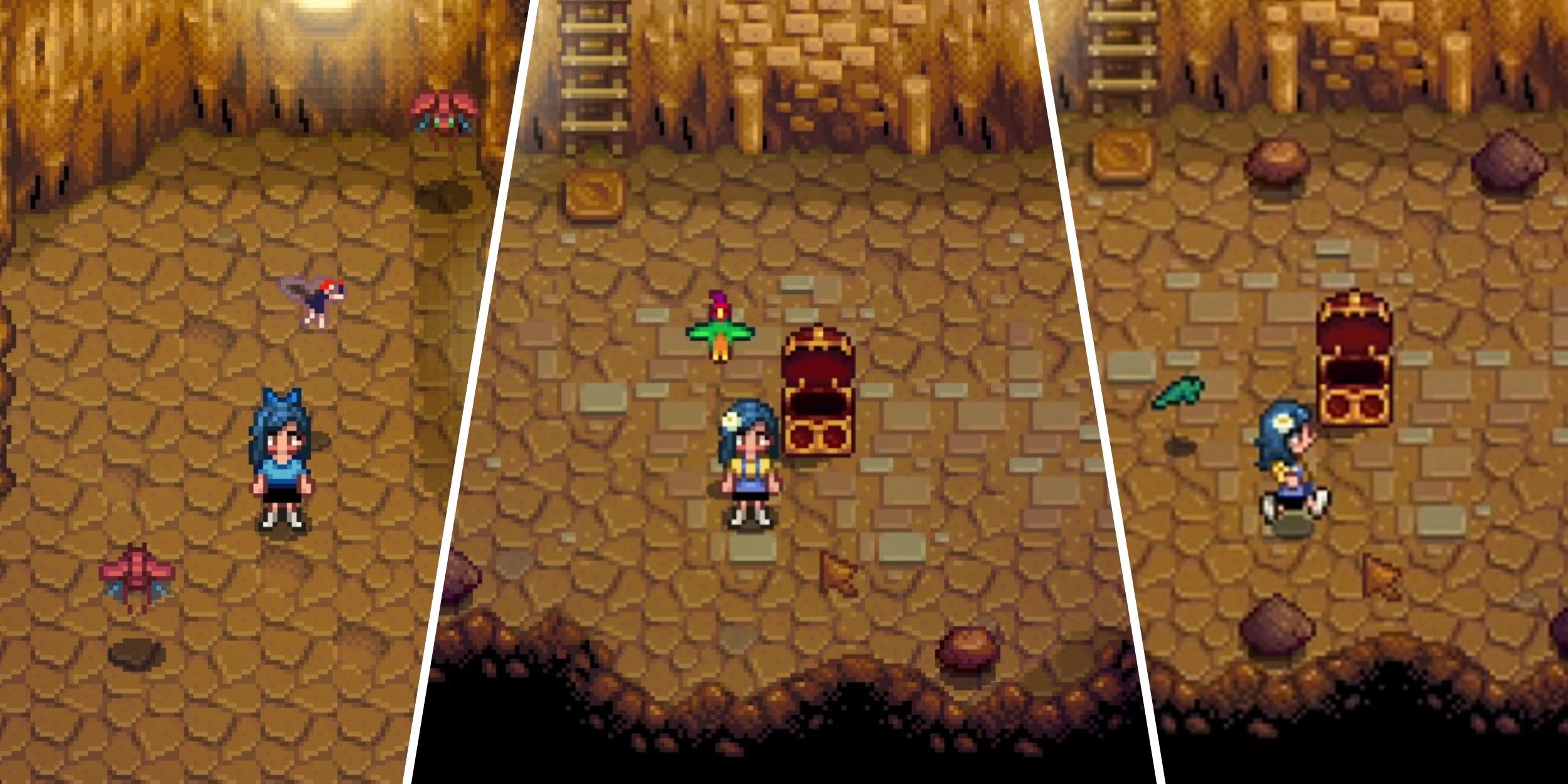 Un hada, un loro y una rana de baratijas en Stardew Valley.