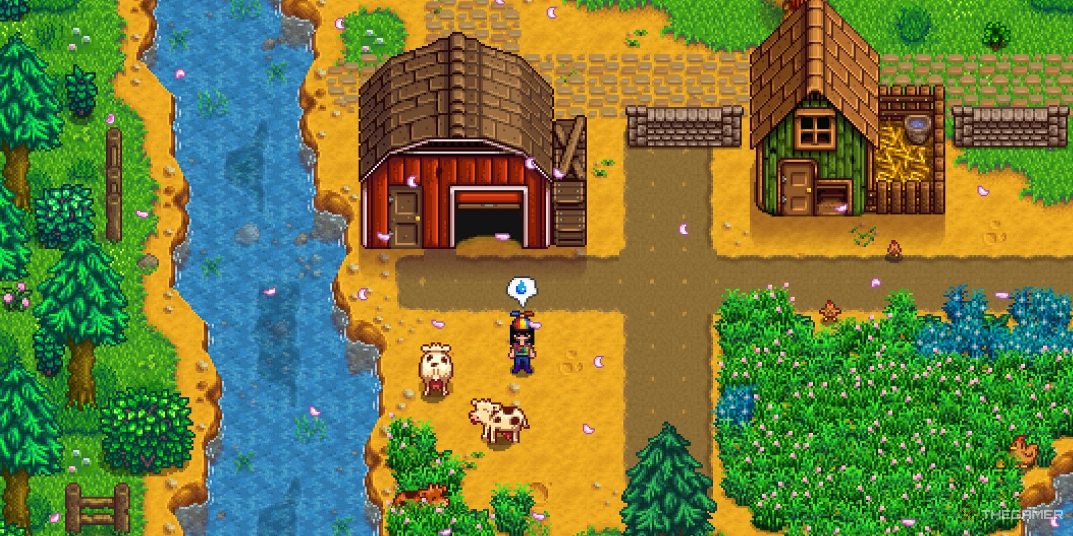 un granjero en el campo de la granja de praderas con varias vacas y pollos vende animales en stardew Valley