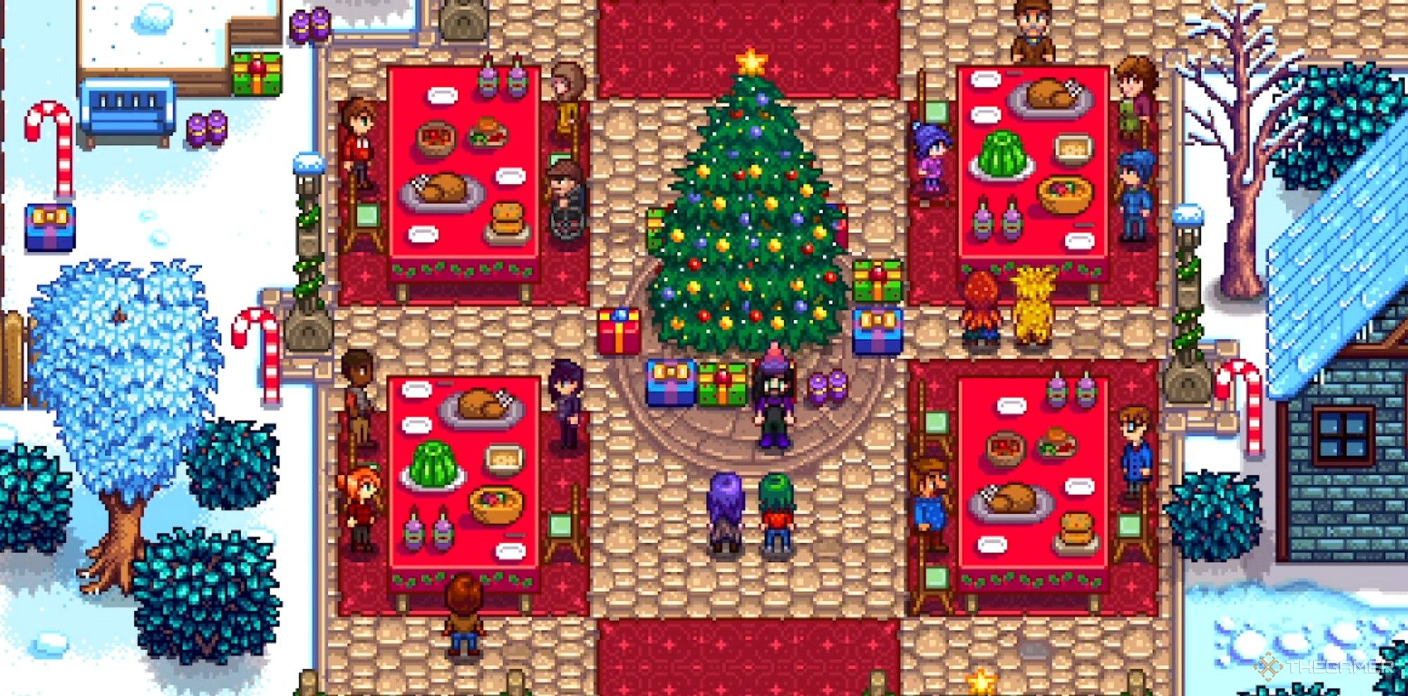 un granjero en medio de la fiesta del festival de las estrellas de invierno stardew Valley