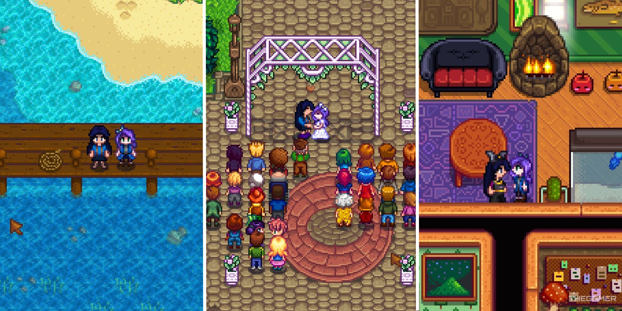 Imagen dividida de Stardew Valley que muestra al jugador y Abigail en la playa, en la boda y besándose en la granja-1