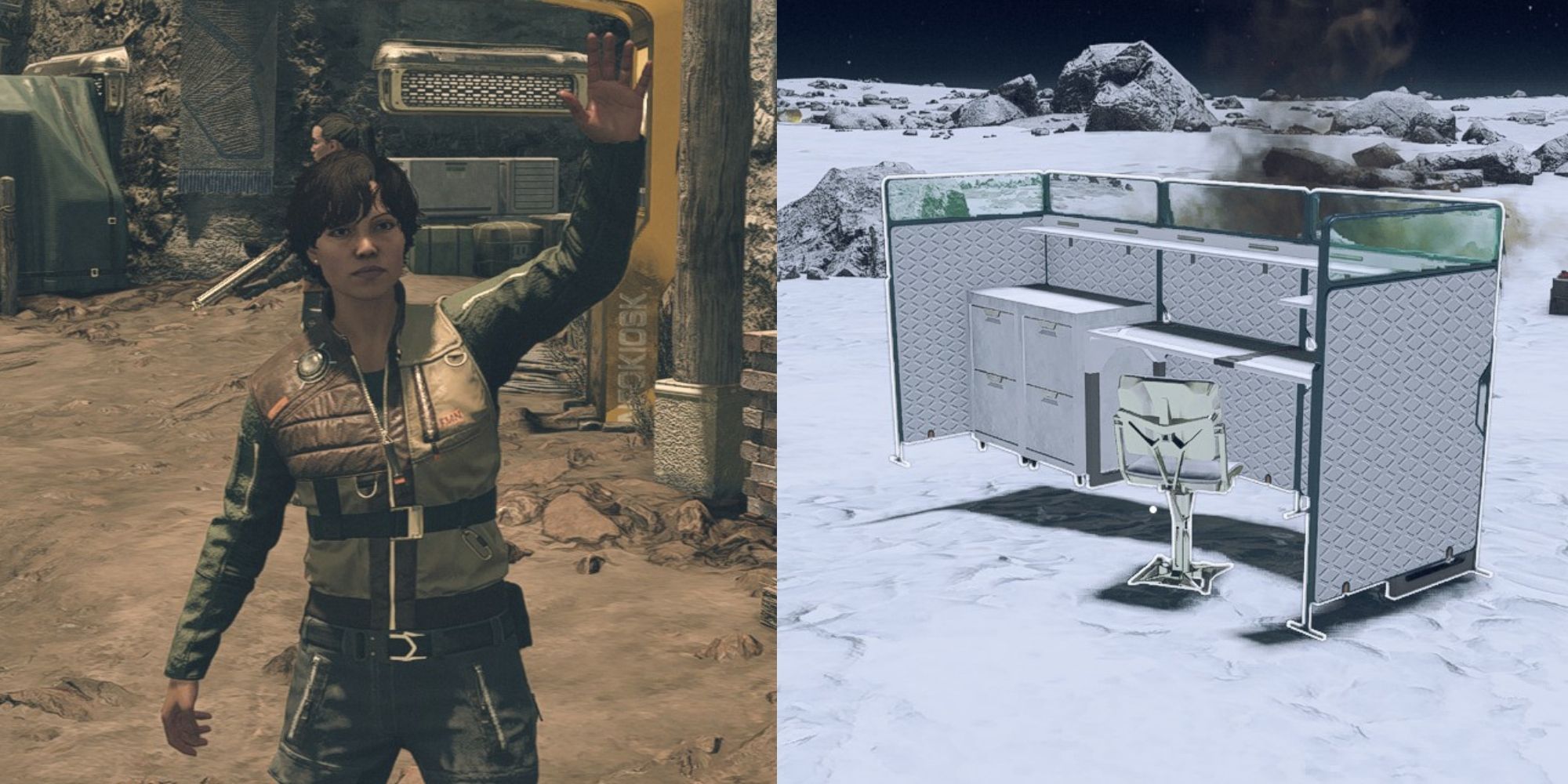 Jugador de Starfield saludando en Akila y la estación de tripulación en Winter Planet