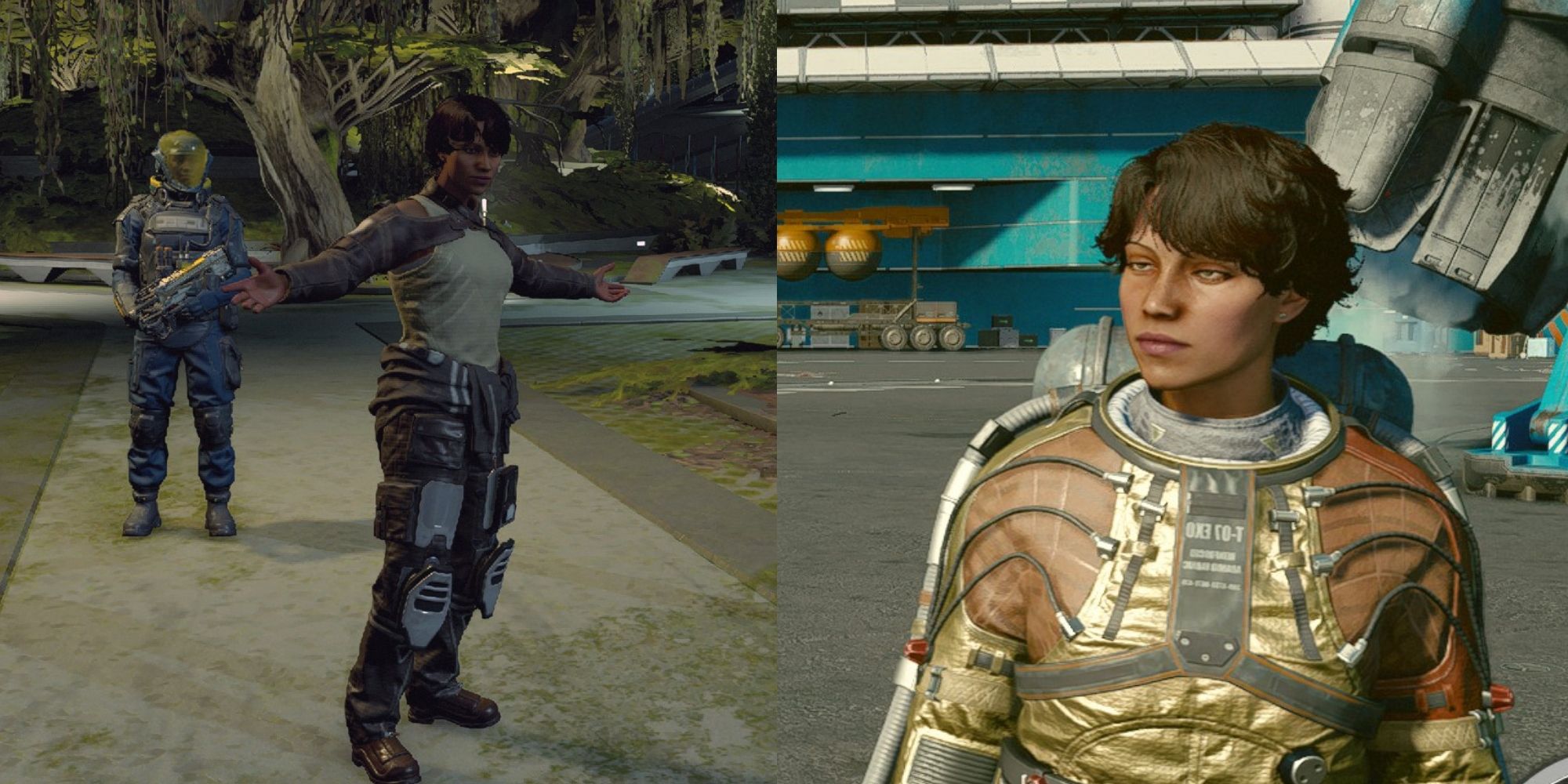 Jugador de Starfield gesticulando con los brazos abiertos con ropa informal y jugador con traje espacial con cara de suficiencia