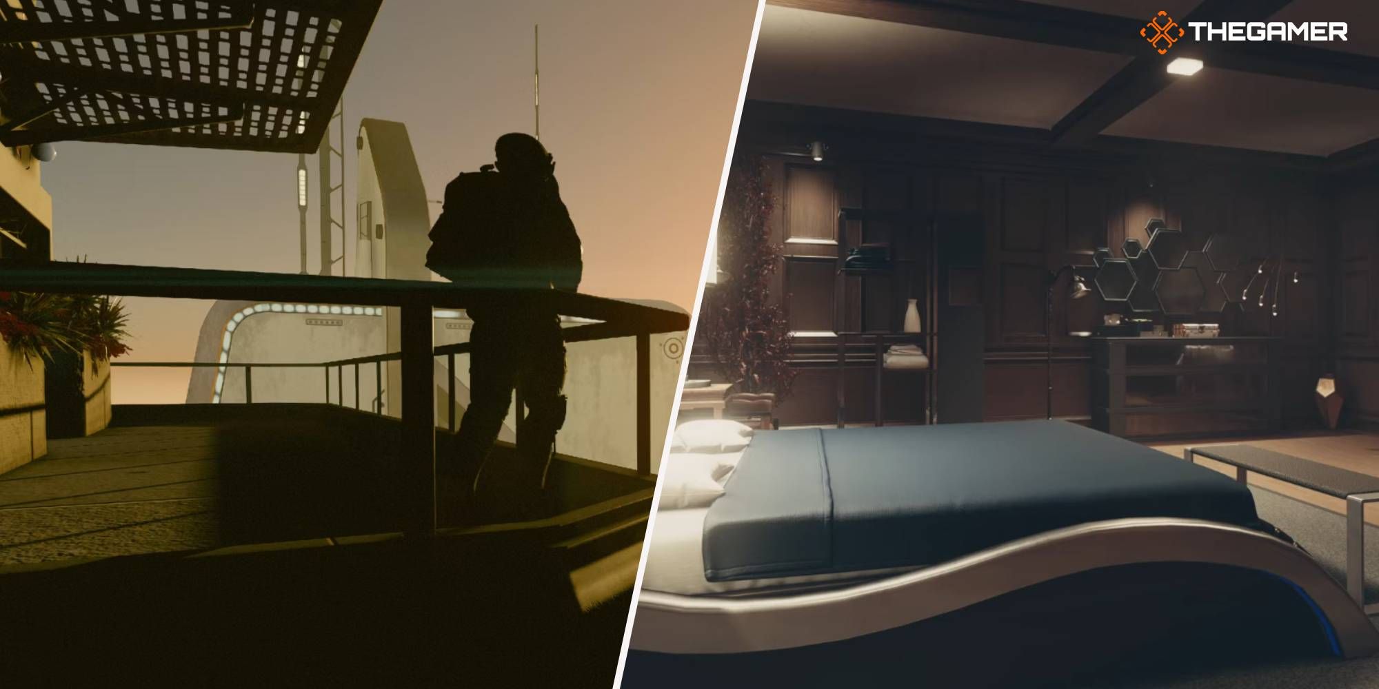 Imagen de Starfield de pie afuera del Mercury Penthouse al amanecer y el dormitorio del Lodge.