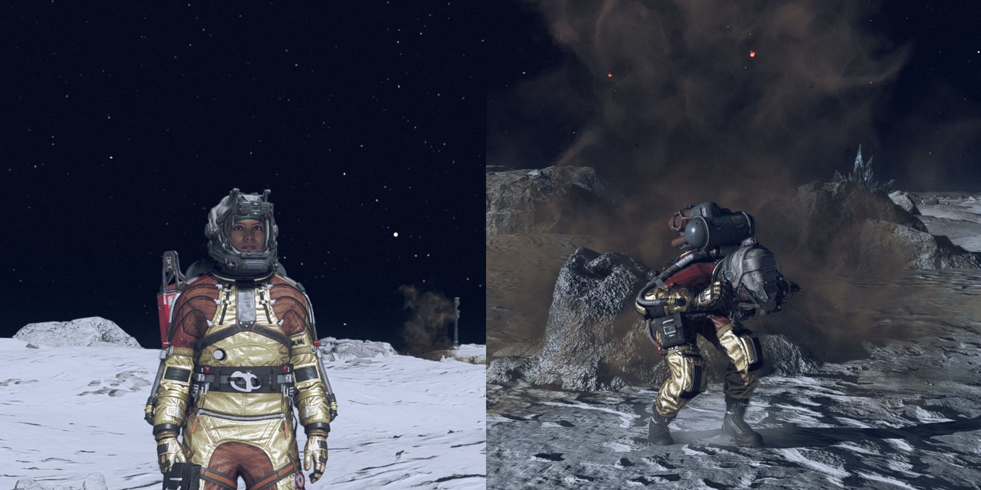 Jugador de Starfield en un planeta nevado y jugador encogido en una nube de gas