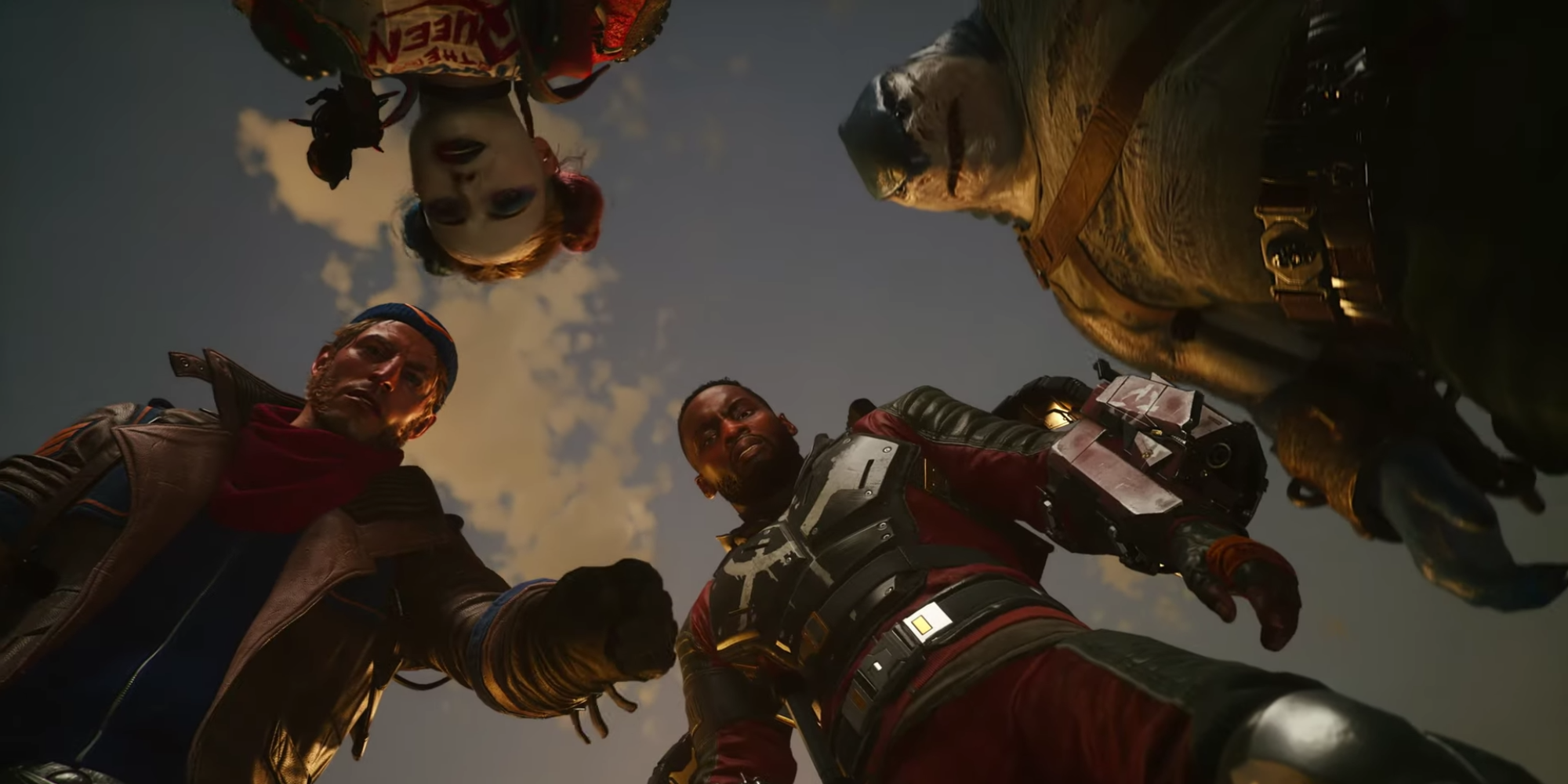 Suicide Squad cuatro personajes jugables mirando al suelo