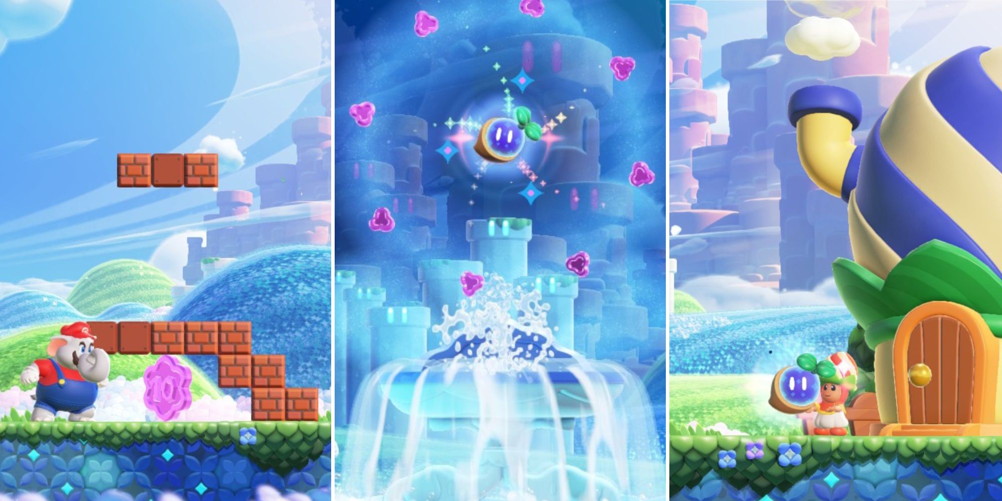 Una imagen de tres paneles de Super Mario Bros Wonder que muestra una gran moneda morada y dos semillas maravillosas diferentes.