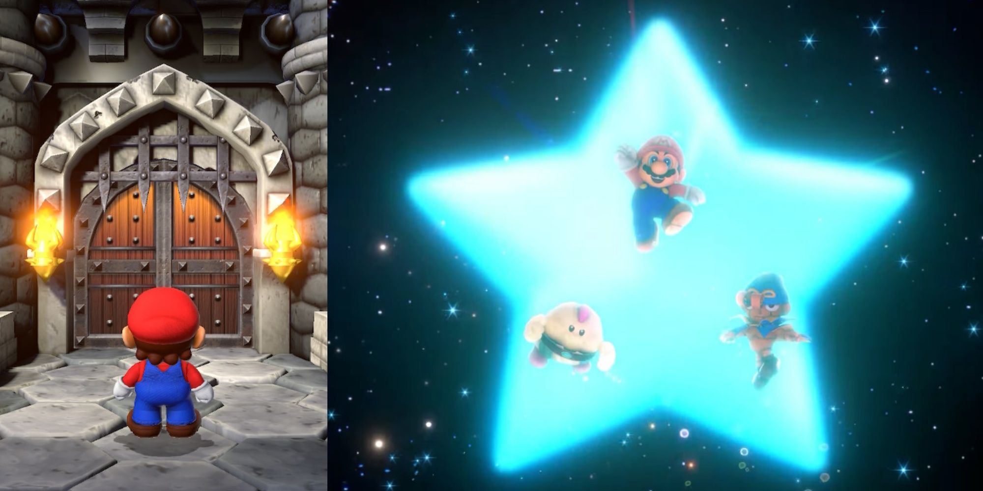 Un collage de Mario parado frente a Bowser's Keep y Mario, Mallow y Geno realizando un triple movimiento en Super Mario RPG.