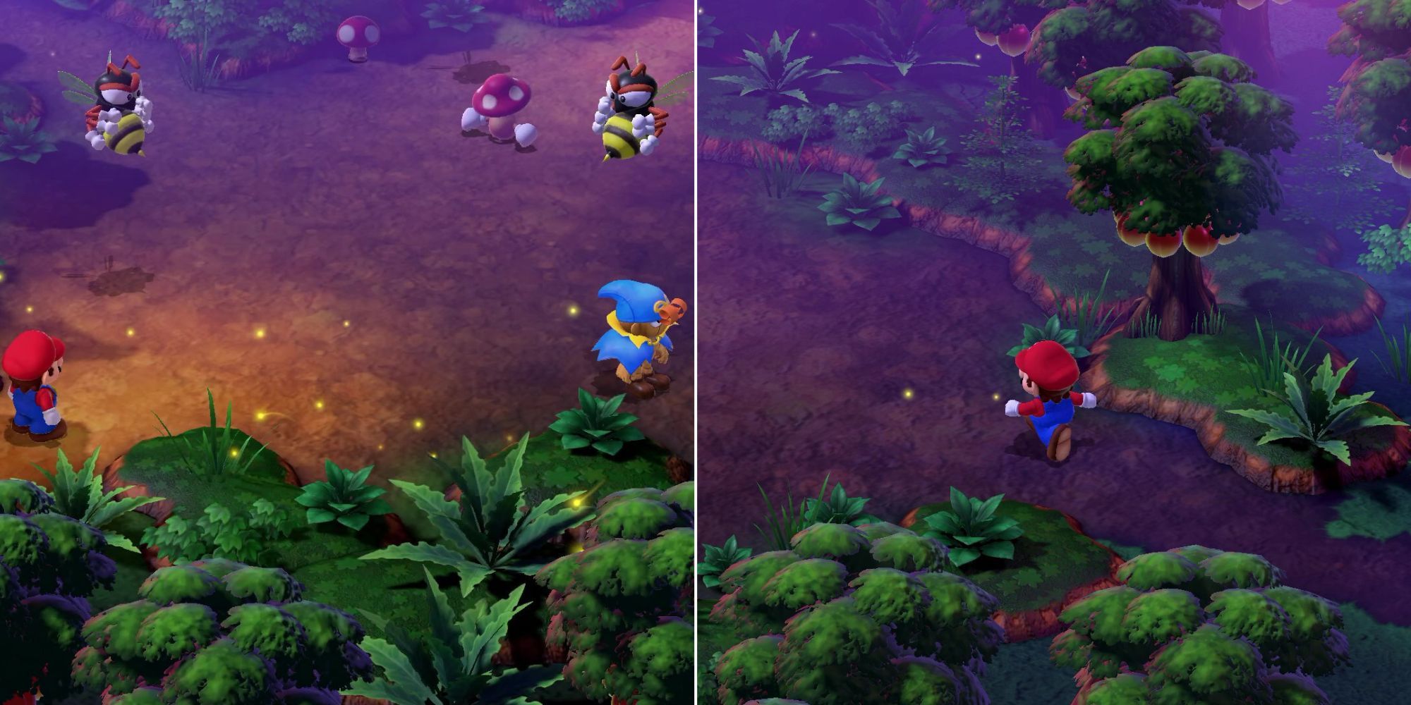 Una imagen dividida del Forest Maze de Super Mario RPG