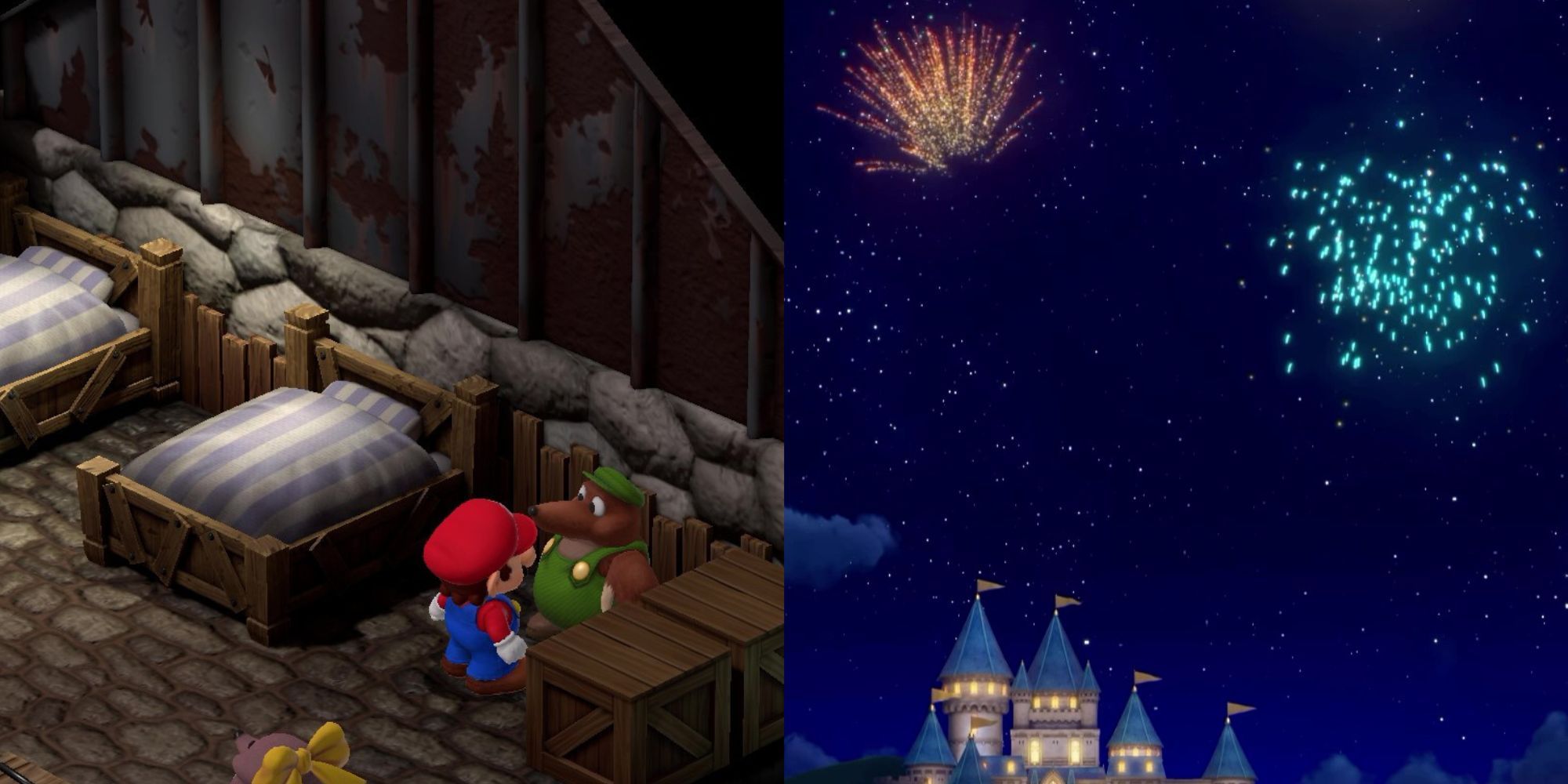 Una imagen dividida de Mario comprando y usando los fuegos artificiales en Super Mario RPG