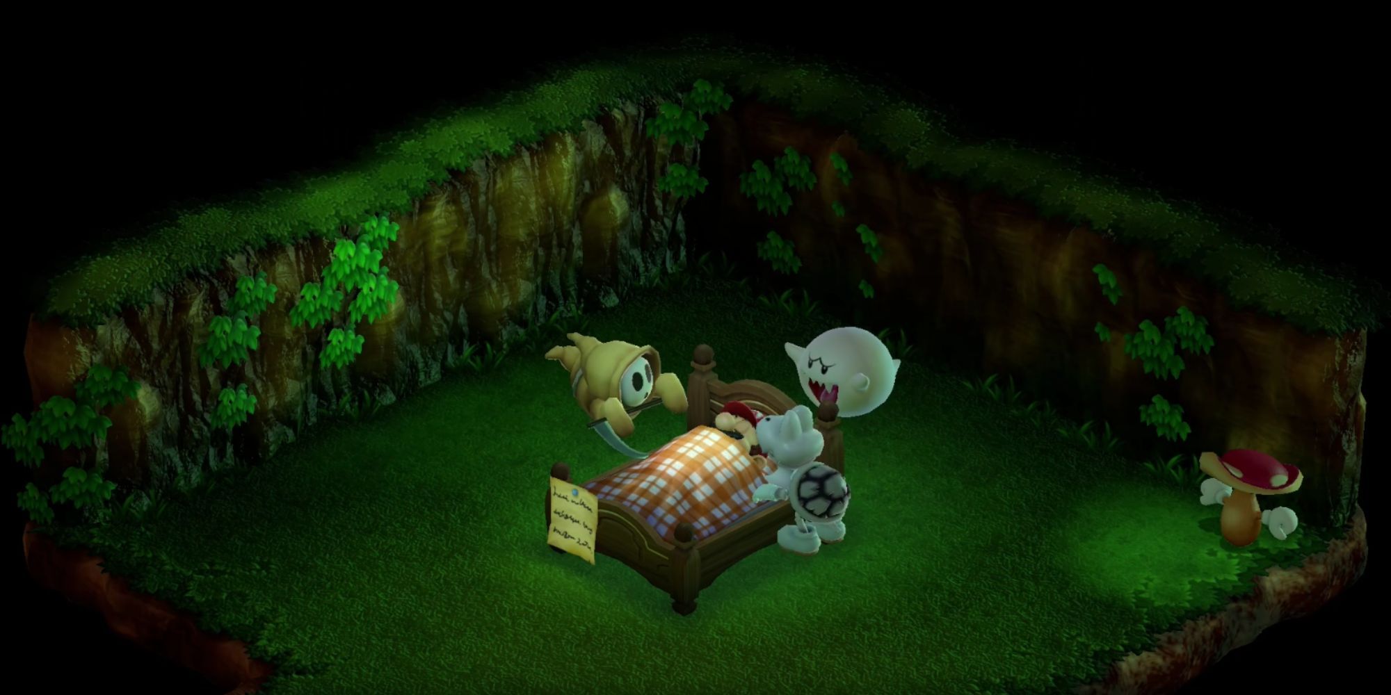Mario durmiendo en una cama rodeado por los Tres Miedos Musty en Super Mario RPG.