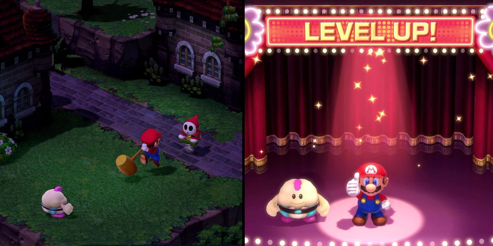 Una imagen dividida de Mario subiendo de nivel en Super Mario RPG.
