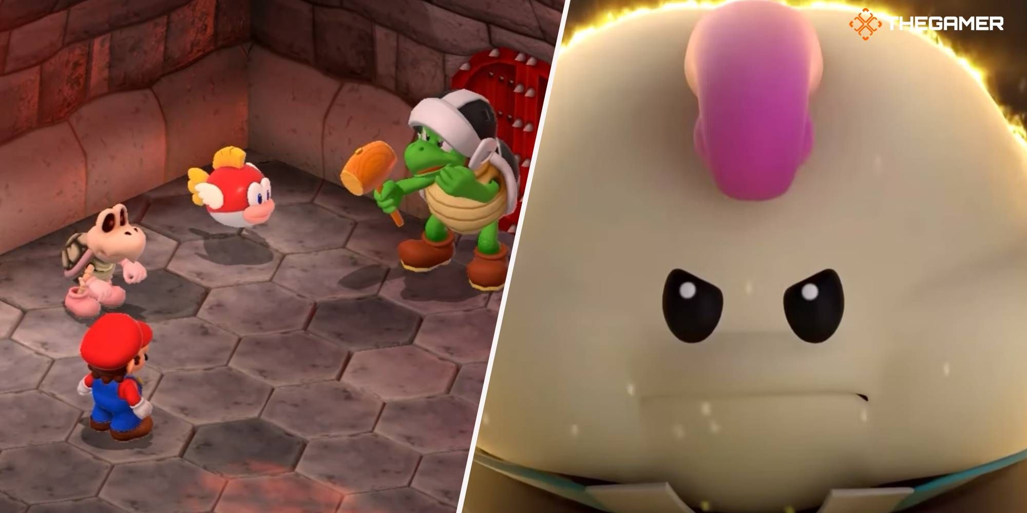 Mario intentando el concurso del Dr. Topper y Mallow en una escena de Super Mario RPG.