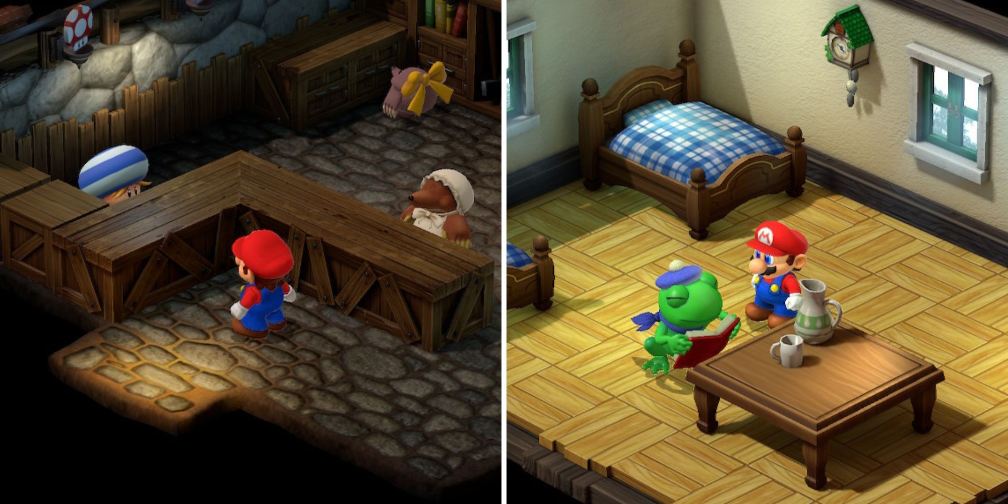 Collage que muestra la tienda de artículos de Moleville y el emporio de monedas Seaside Town Frog en Super Mario RPG.