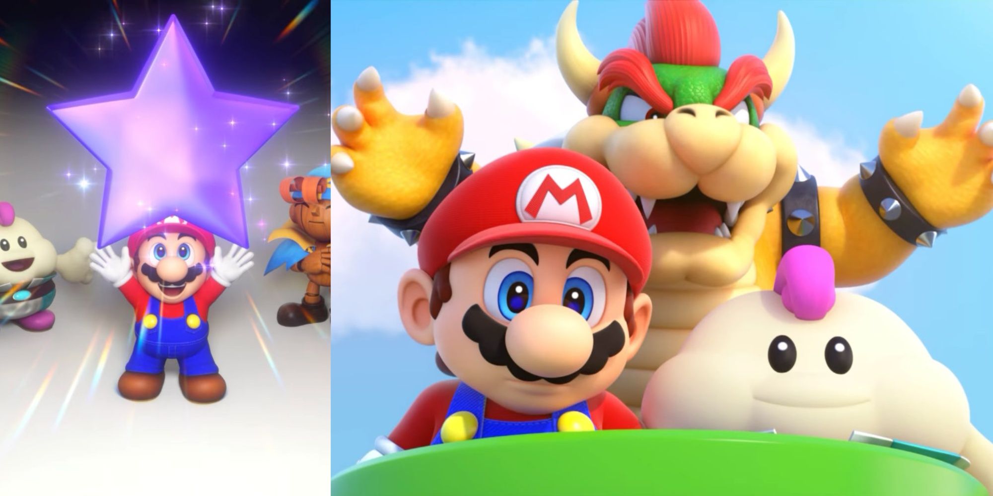 Un collage de Mario recogiendo una estrella y Mario, Bowser y Mallow realizando un triple movimiento en Super Mario RPG.
