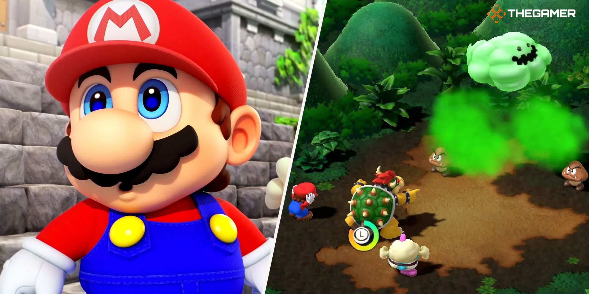 Una imagen dividida de Mario luciendo preocupado y Bowser usando gas venenoso contra los enemigos en Super Mario RPG.