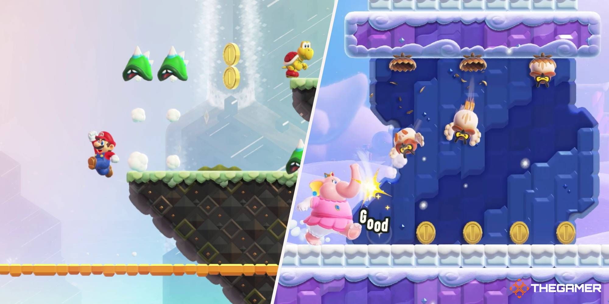Super Mario Wonder Elephant Peach y Mario evadiendo a Koopas